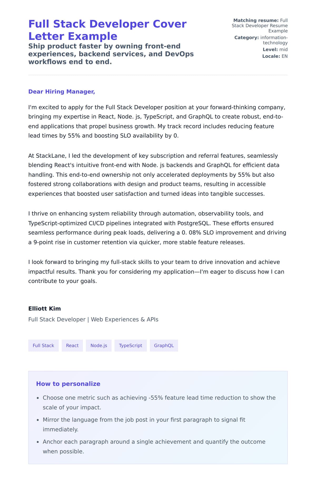 Cover Letter preview for Full Stack Developer Cover Letter Example