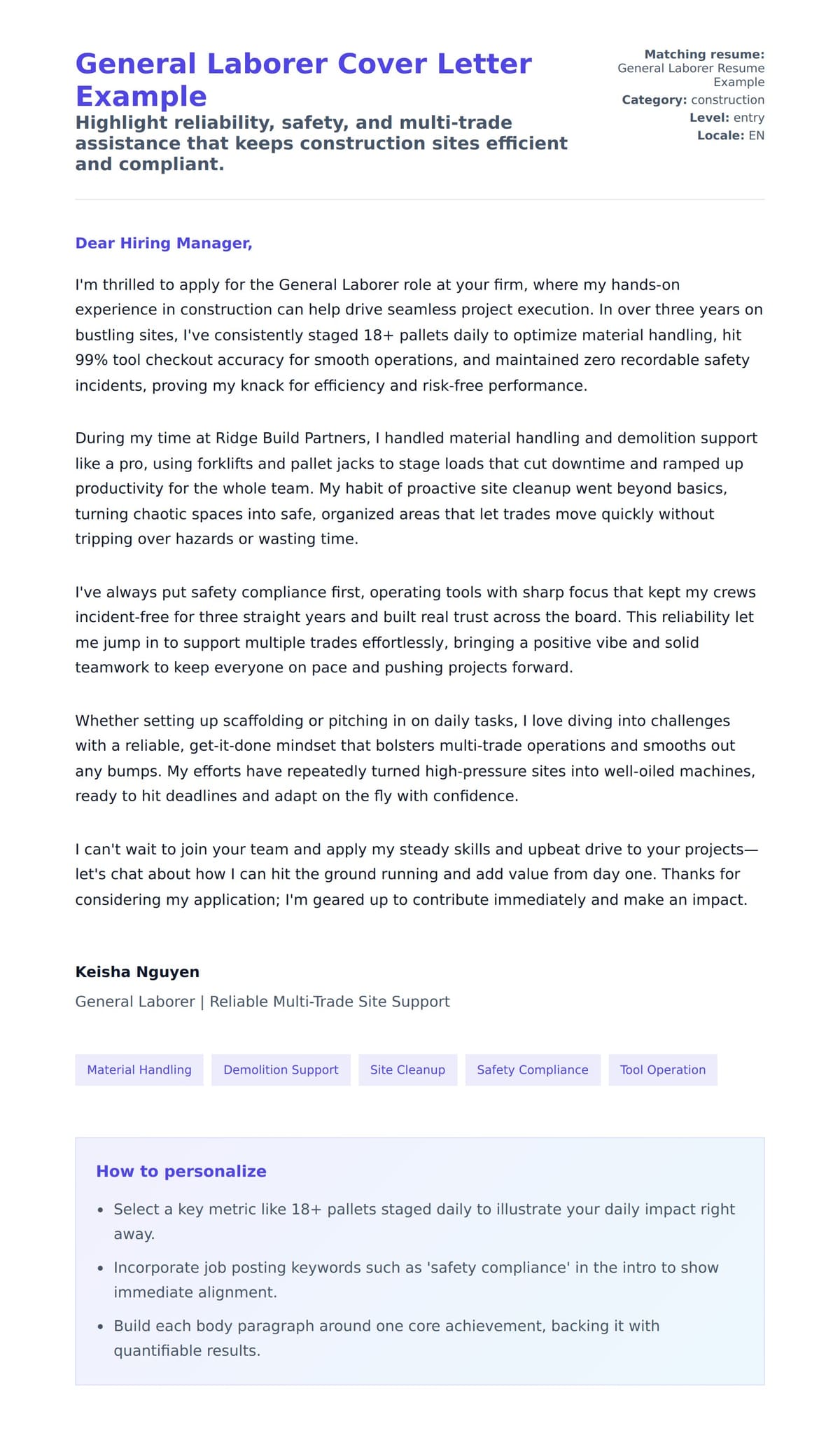 Cover Letter preview for General Laborer Cover Letter Example