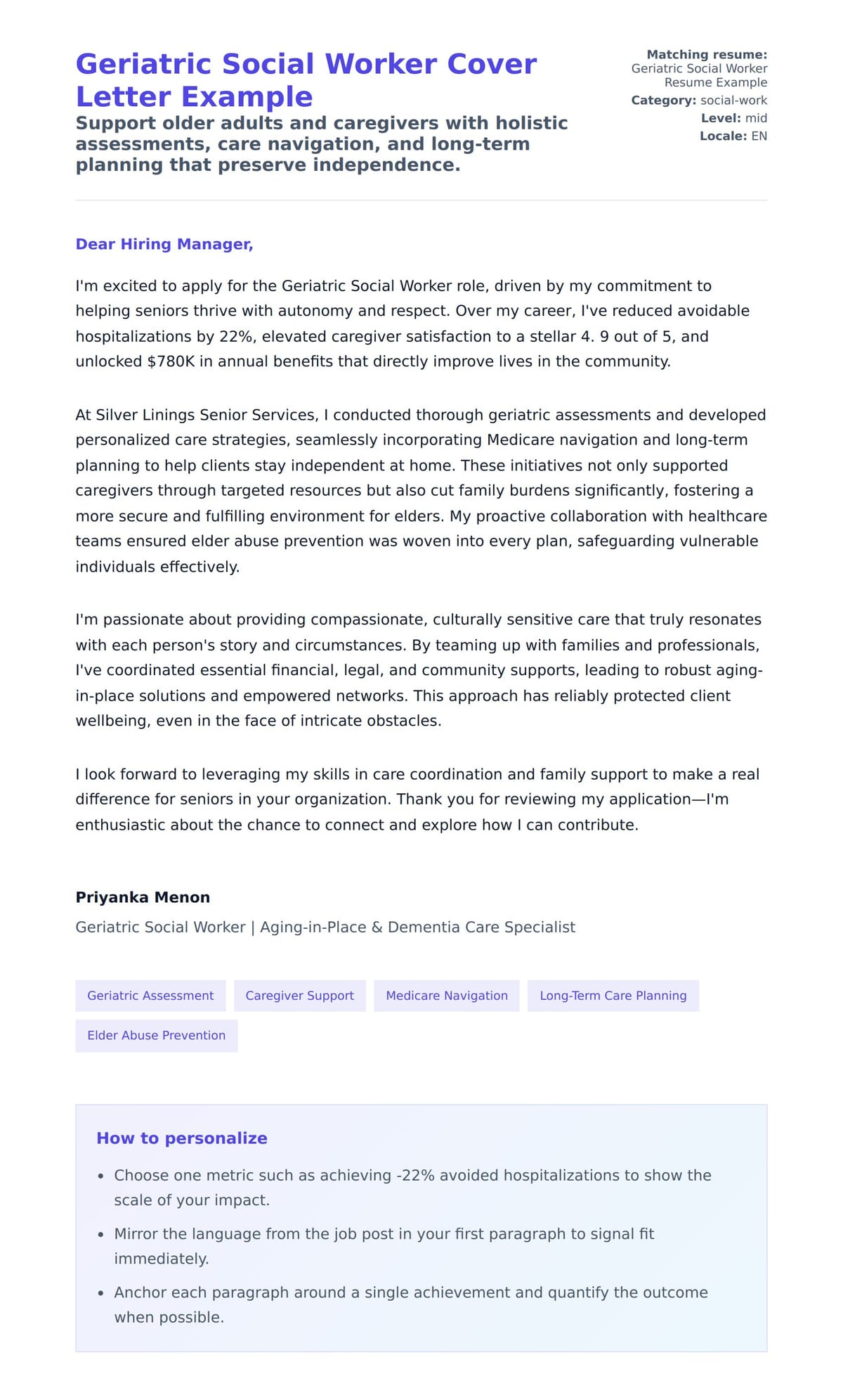 Cover Letter preview for Geriatric Social Worker Cover Letter Example