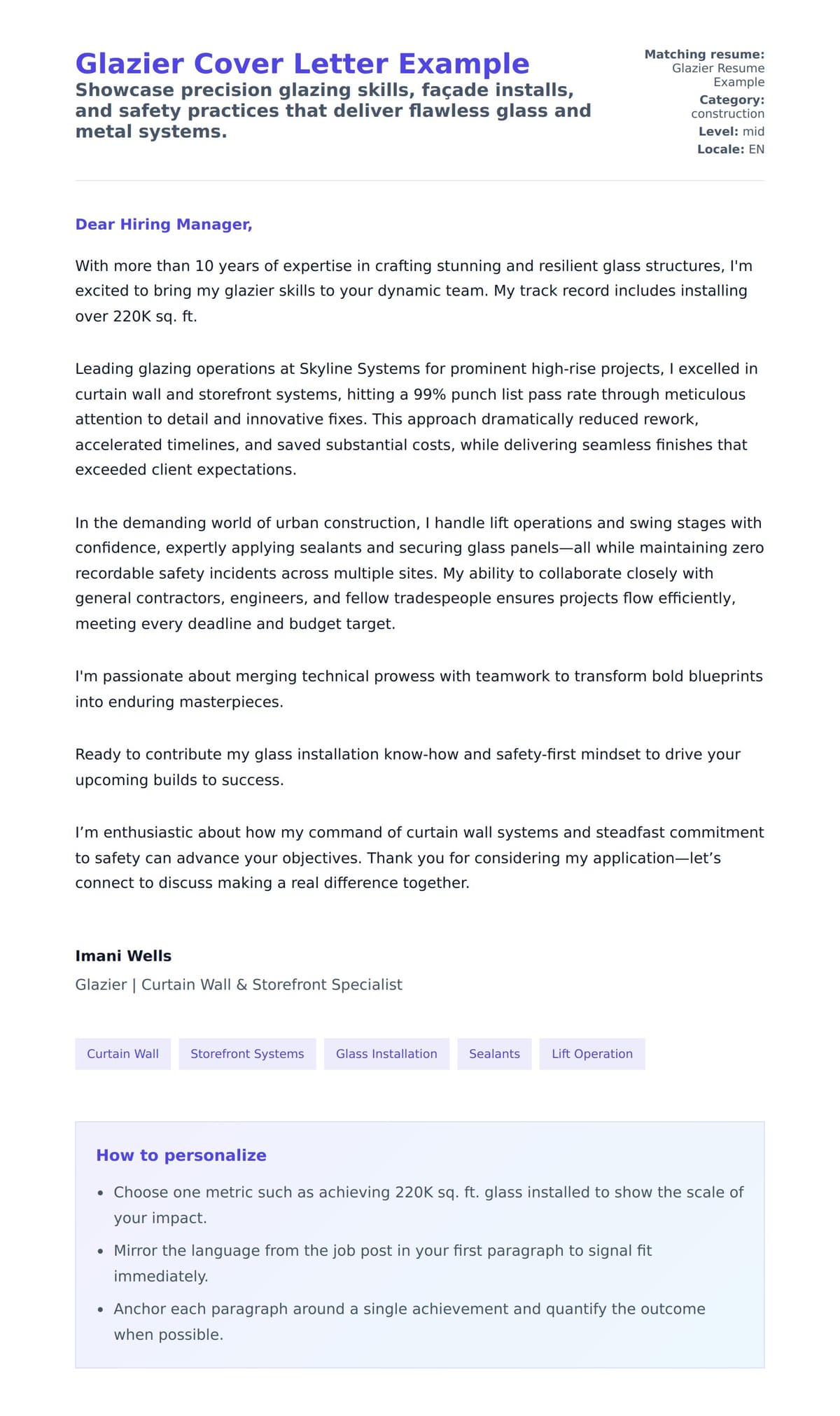 Cover Letter preview for Glazier Cover Letter Example