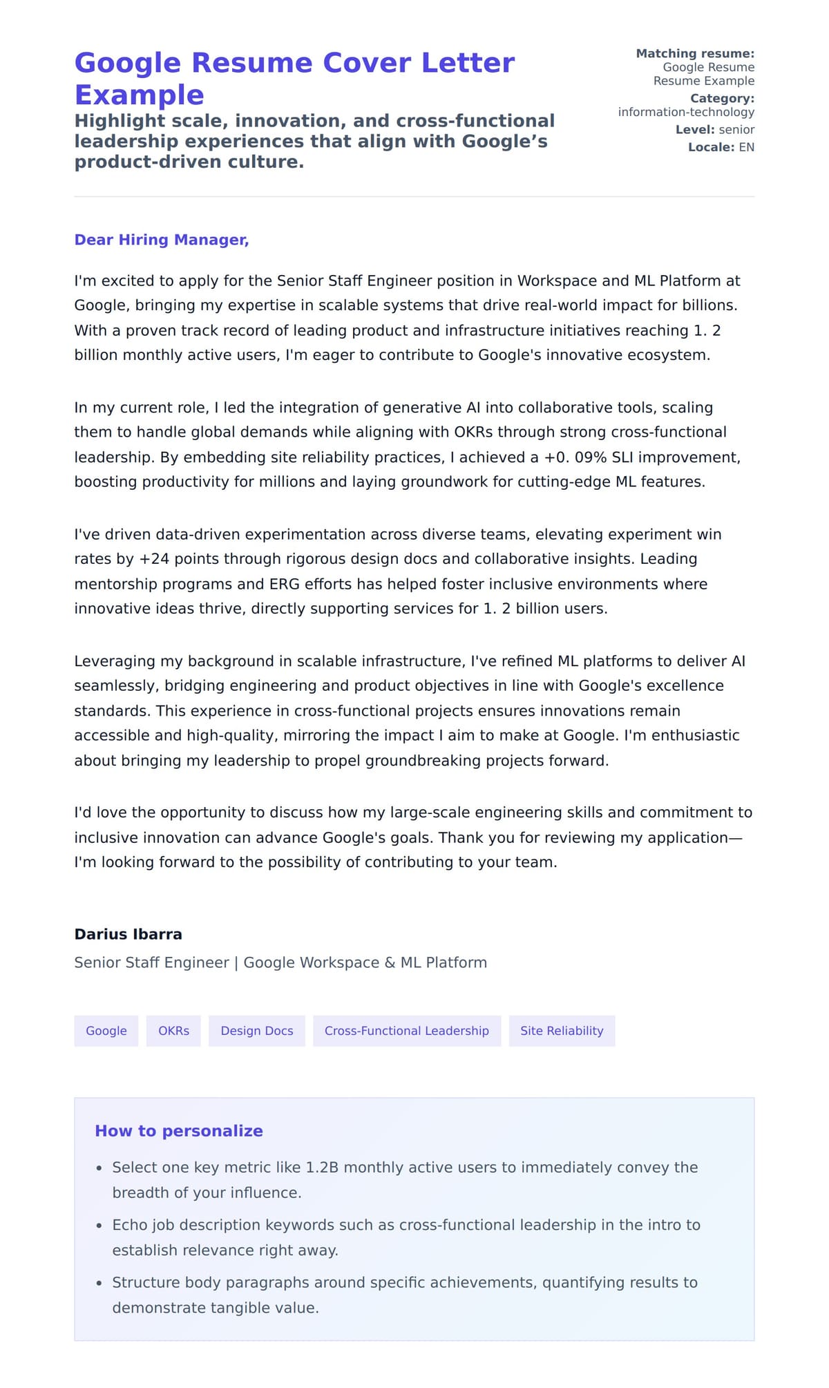 Cover Letter preview for Google Resume Cover Letter Example