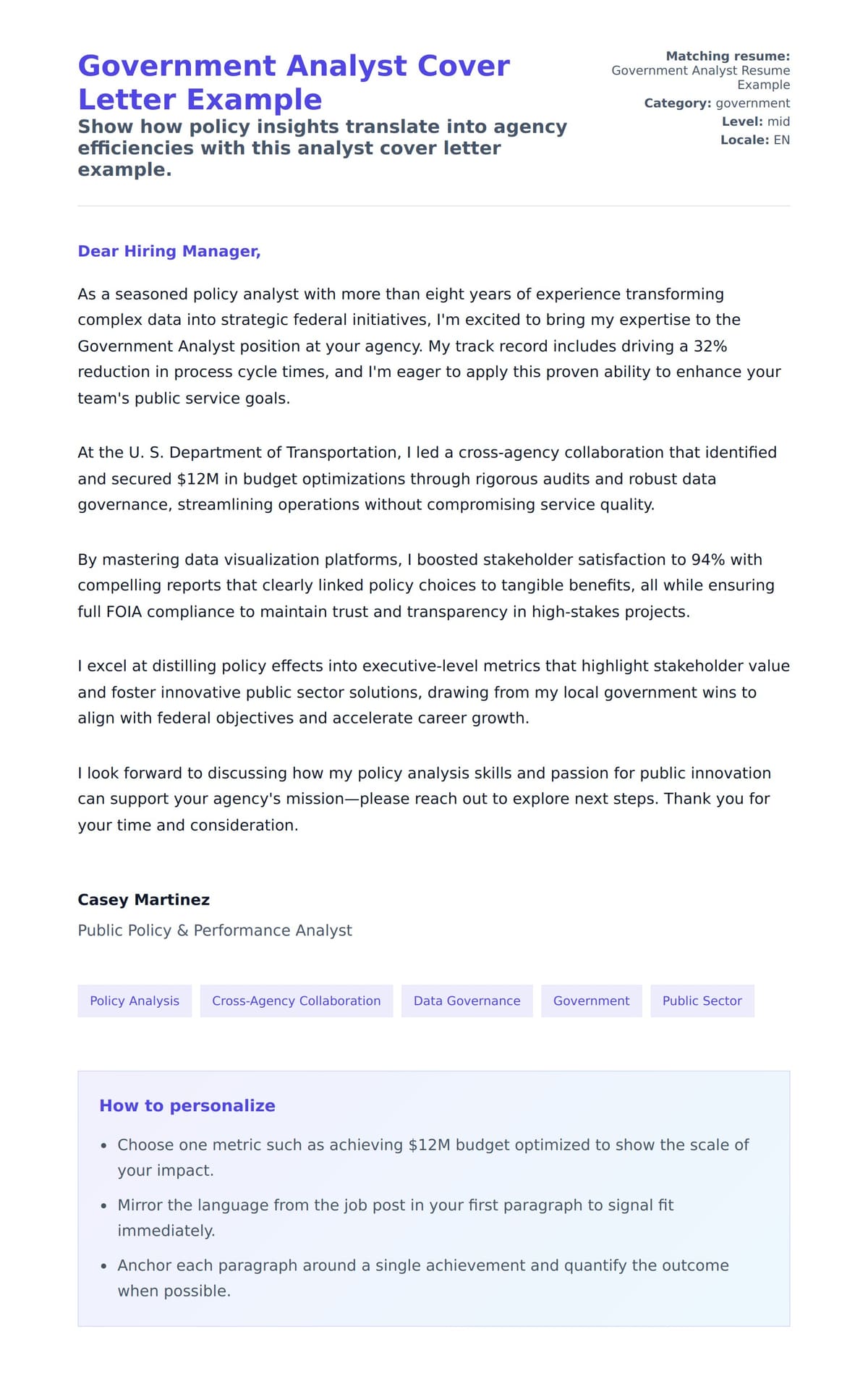 Cover Letter preview for Government Analyst Cover Letter Example