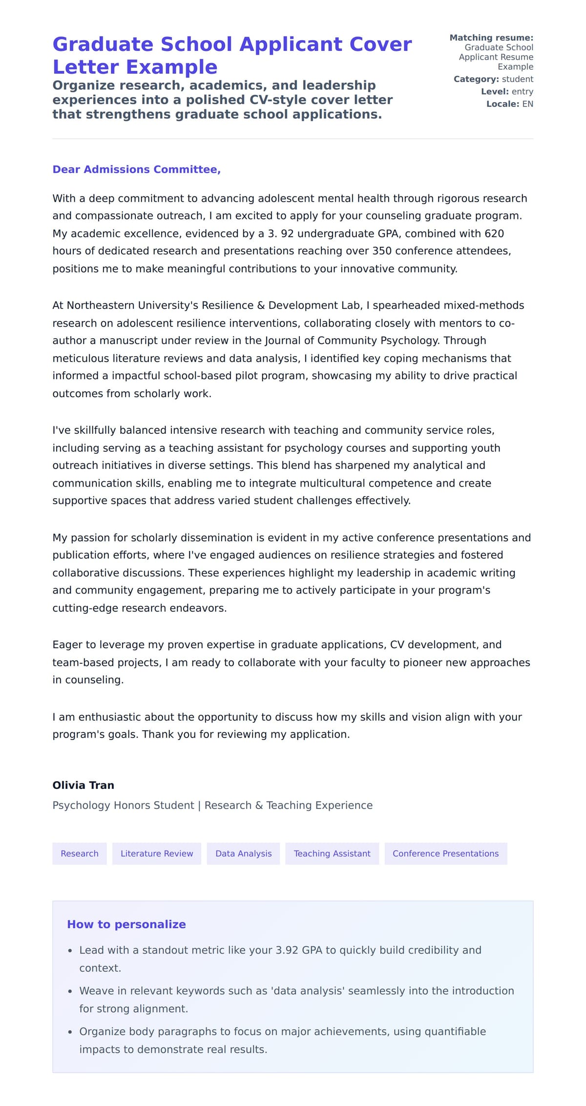 Cover Letter preview for Graduate School Applicant Cover Letter Example