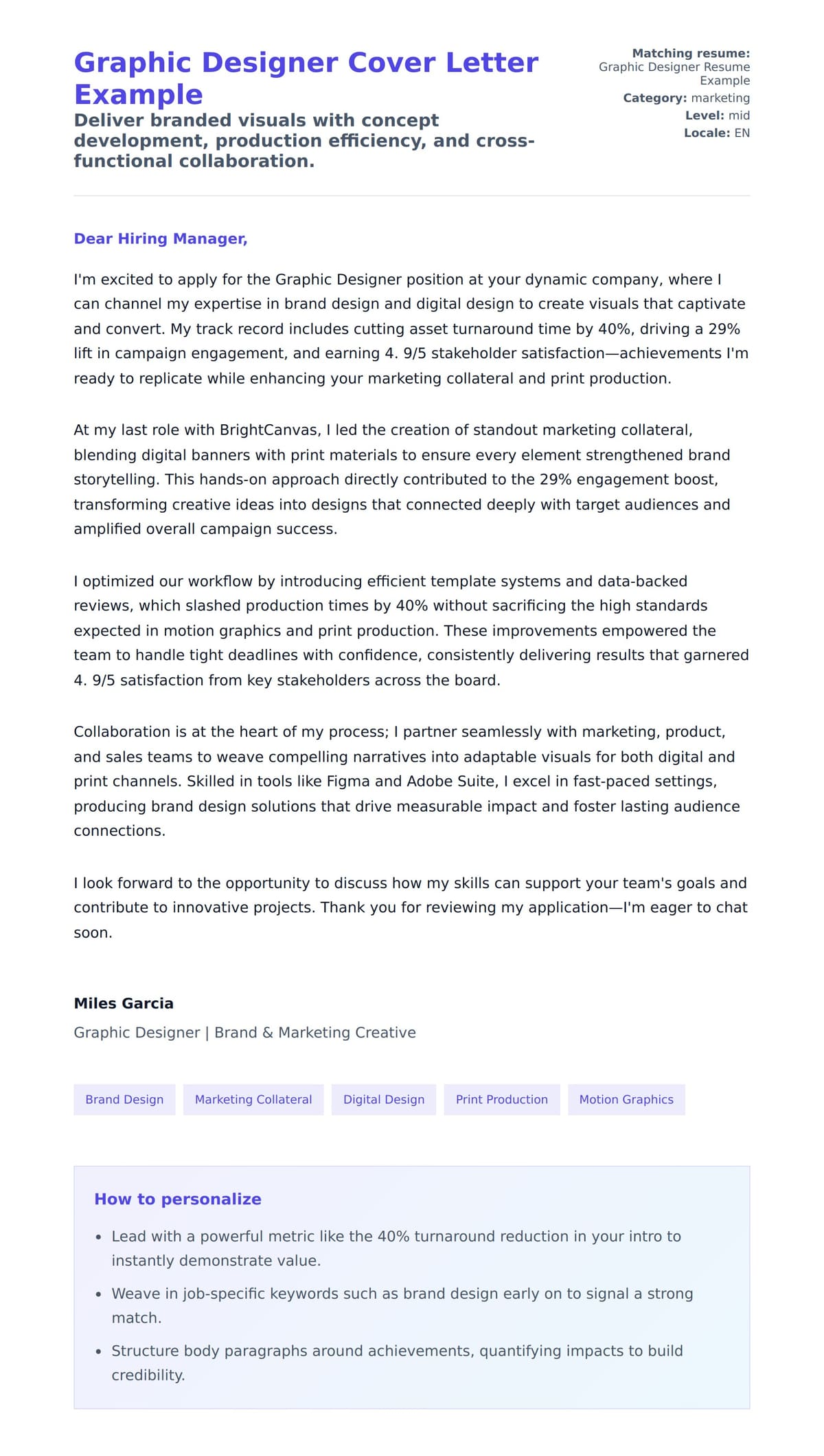 Cover Letter preview for Graphic Designer Cover Letter Example