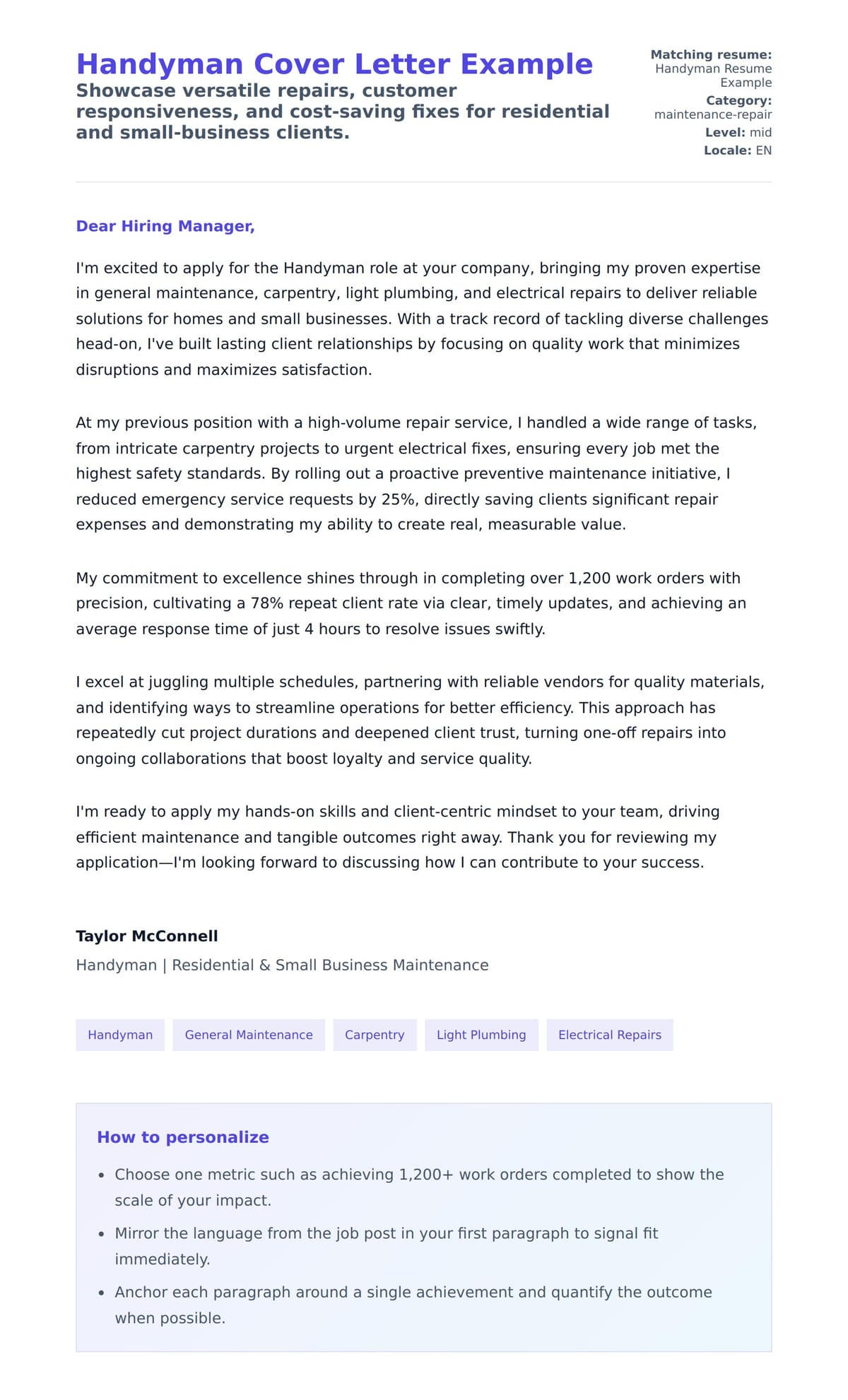 Cover Letter preview for Handyman Cover Letter Example