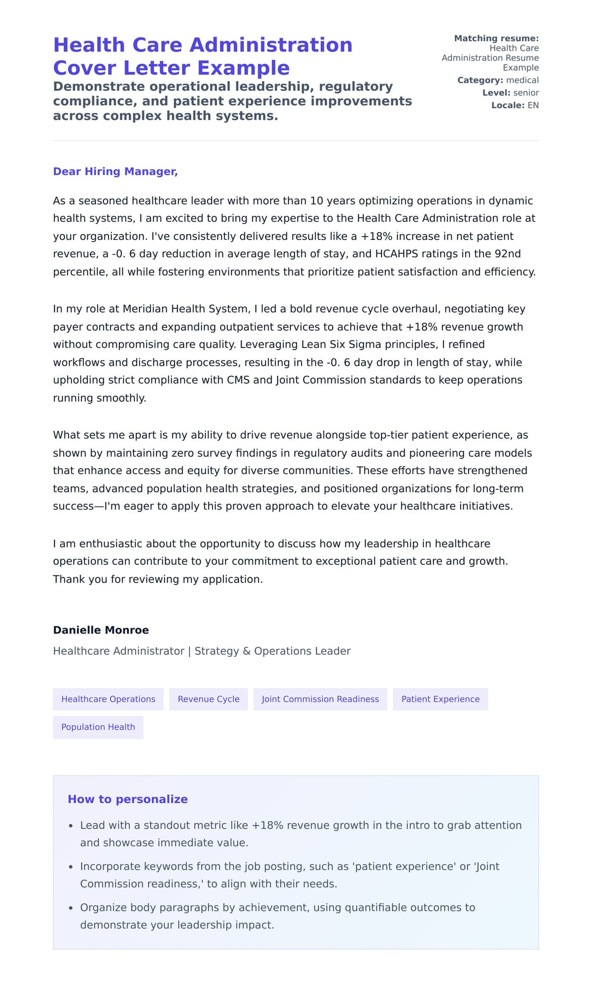 Cover Letter preview for Health Care Administration Cover Letter Example