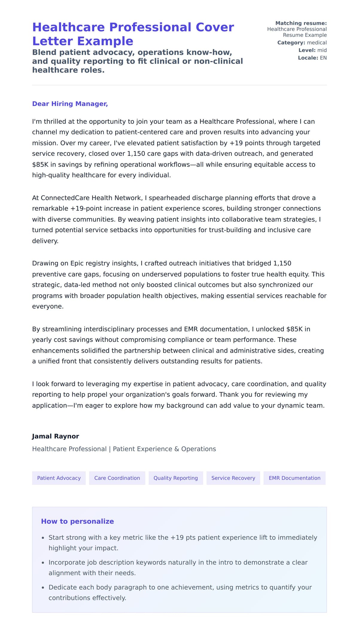 Cover Letter preview for Healthcare Professional Cover Letter Example