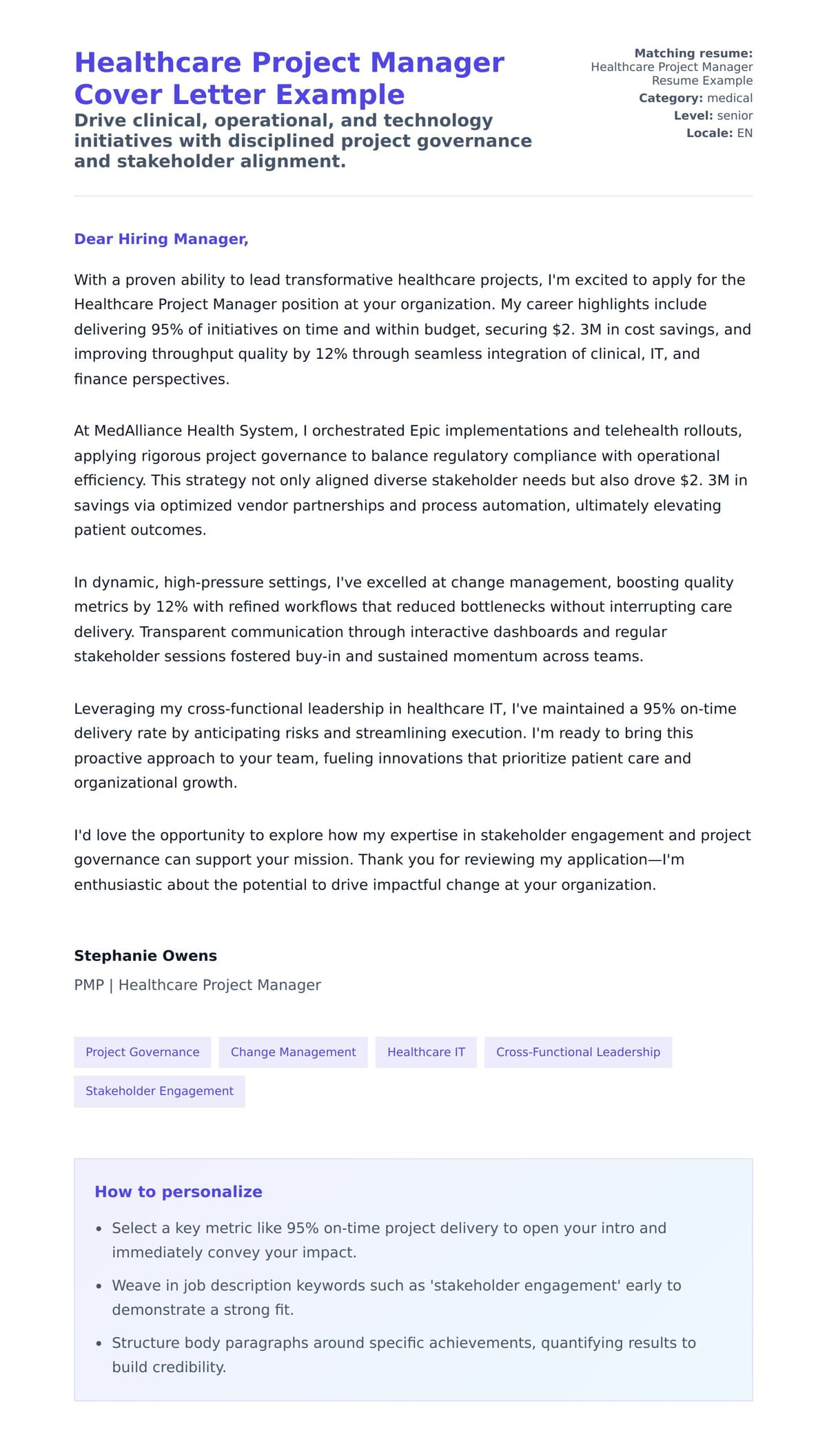 Cover Letter preview for Healthcare Project Manager Cover Letter Example