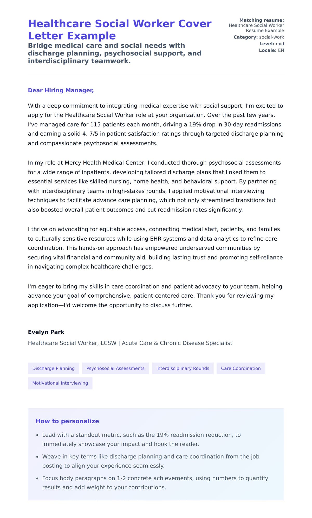 Cover Letter preview for Healthcare Social Worker Cover Letter Example