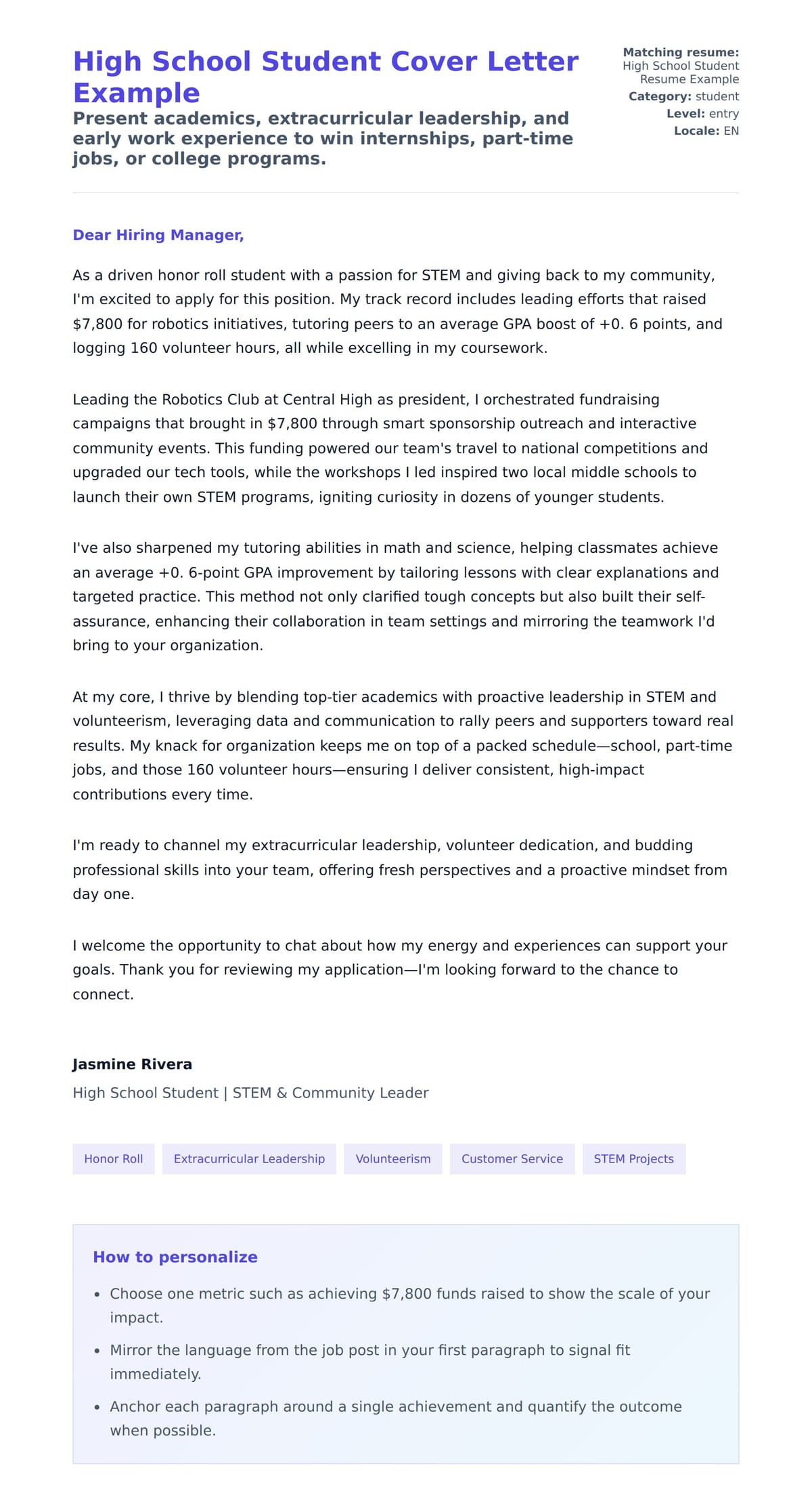 Cover Letter preview for High School Student Cover Letter Example