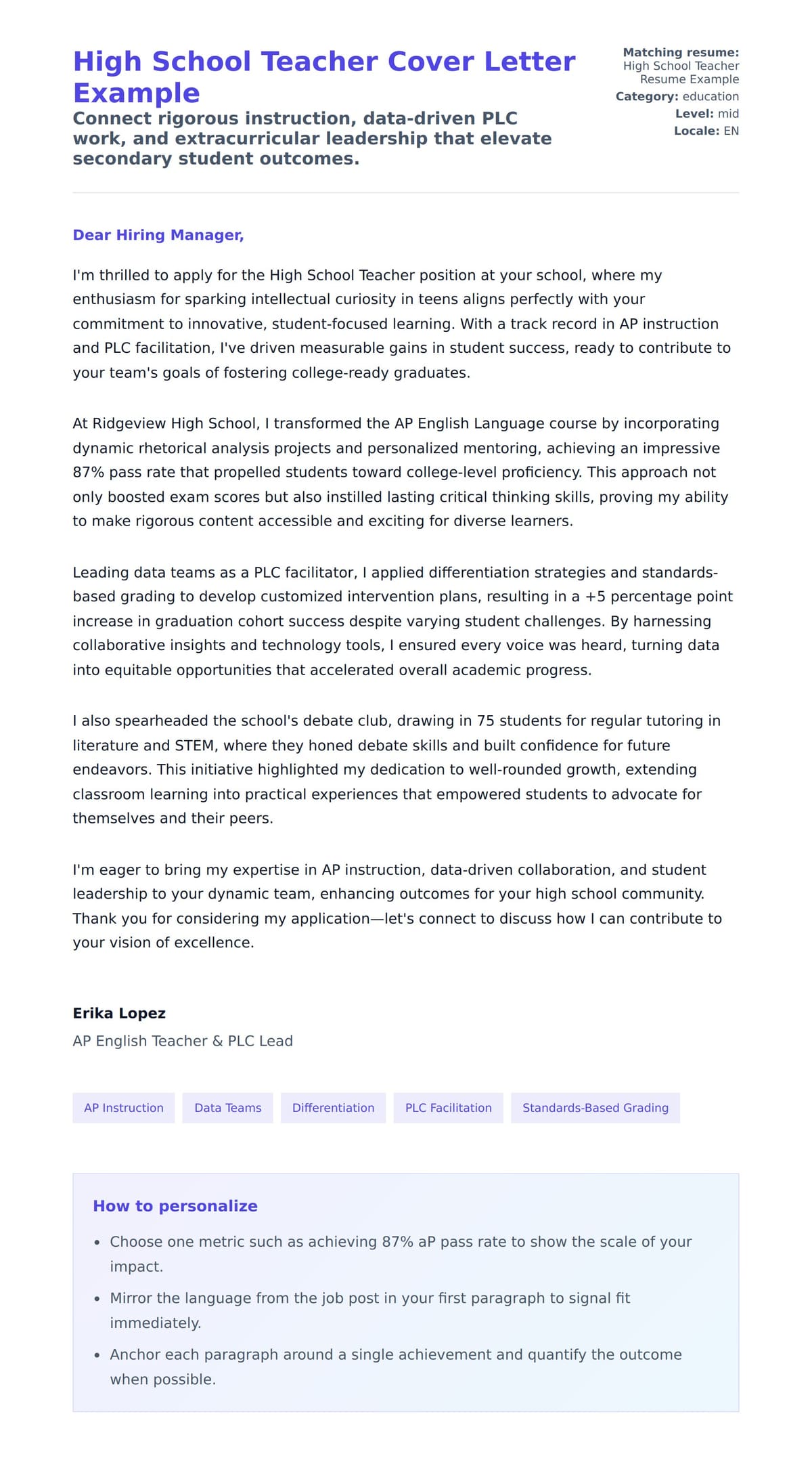 Cover Letter preview for High School Teacher Cover Letter Example