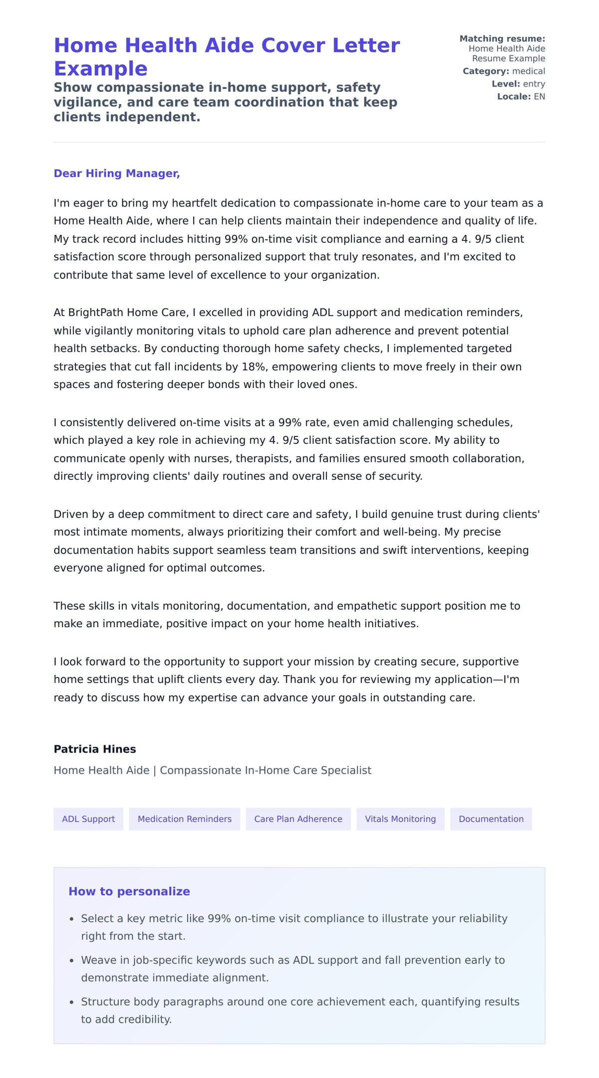 Cover Letter preview for Home Health Aide Cover Letter Example