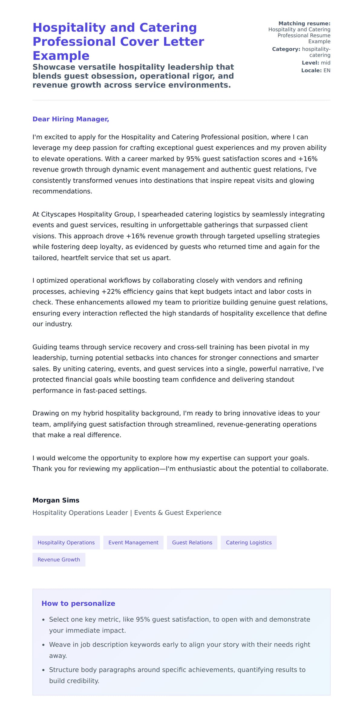 Cover Letter preview for Hospitality and Catering Professional Cover Letter Example
