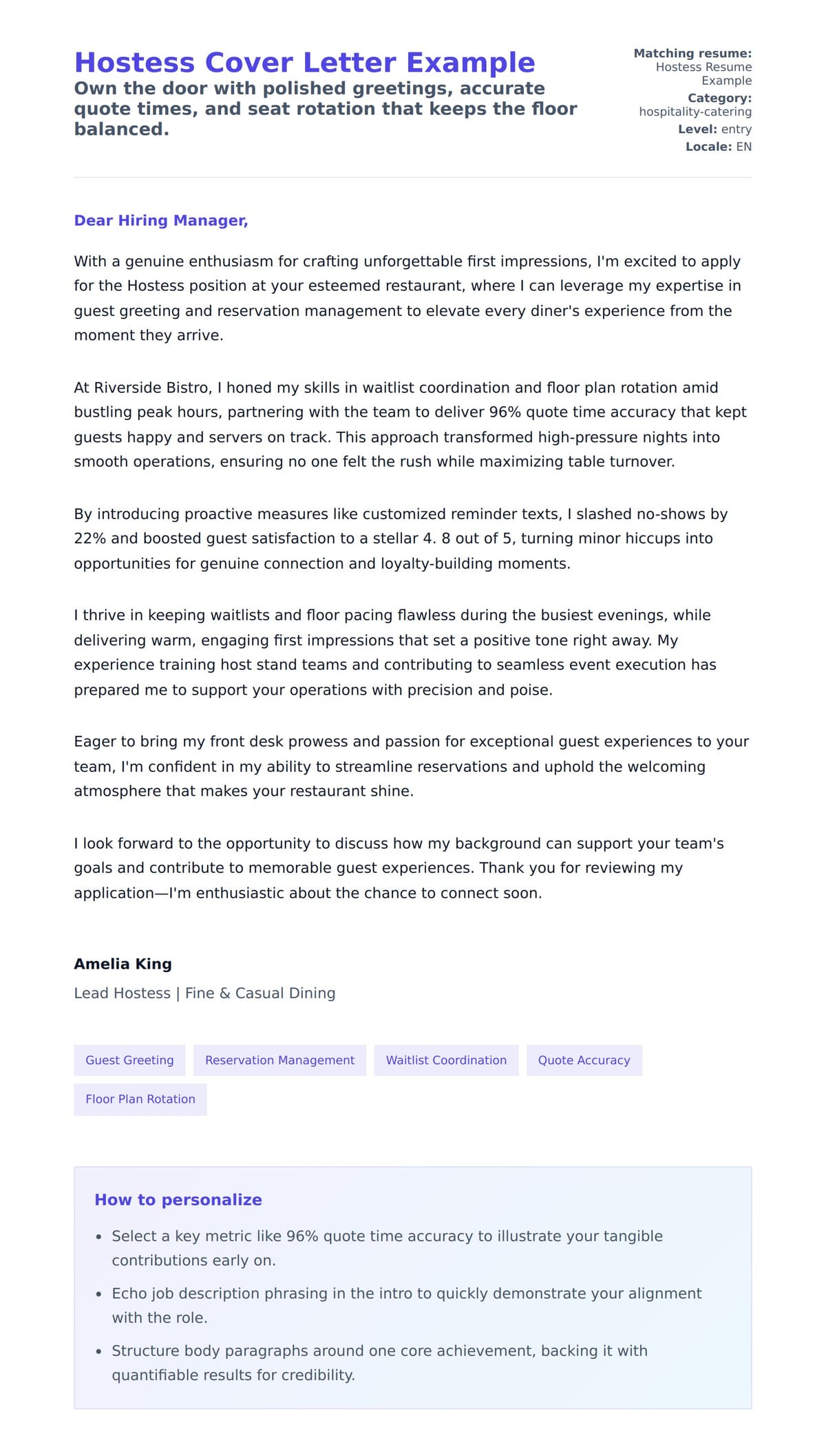 Cover Letter preview for Hostess Cover Letter Example