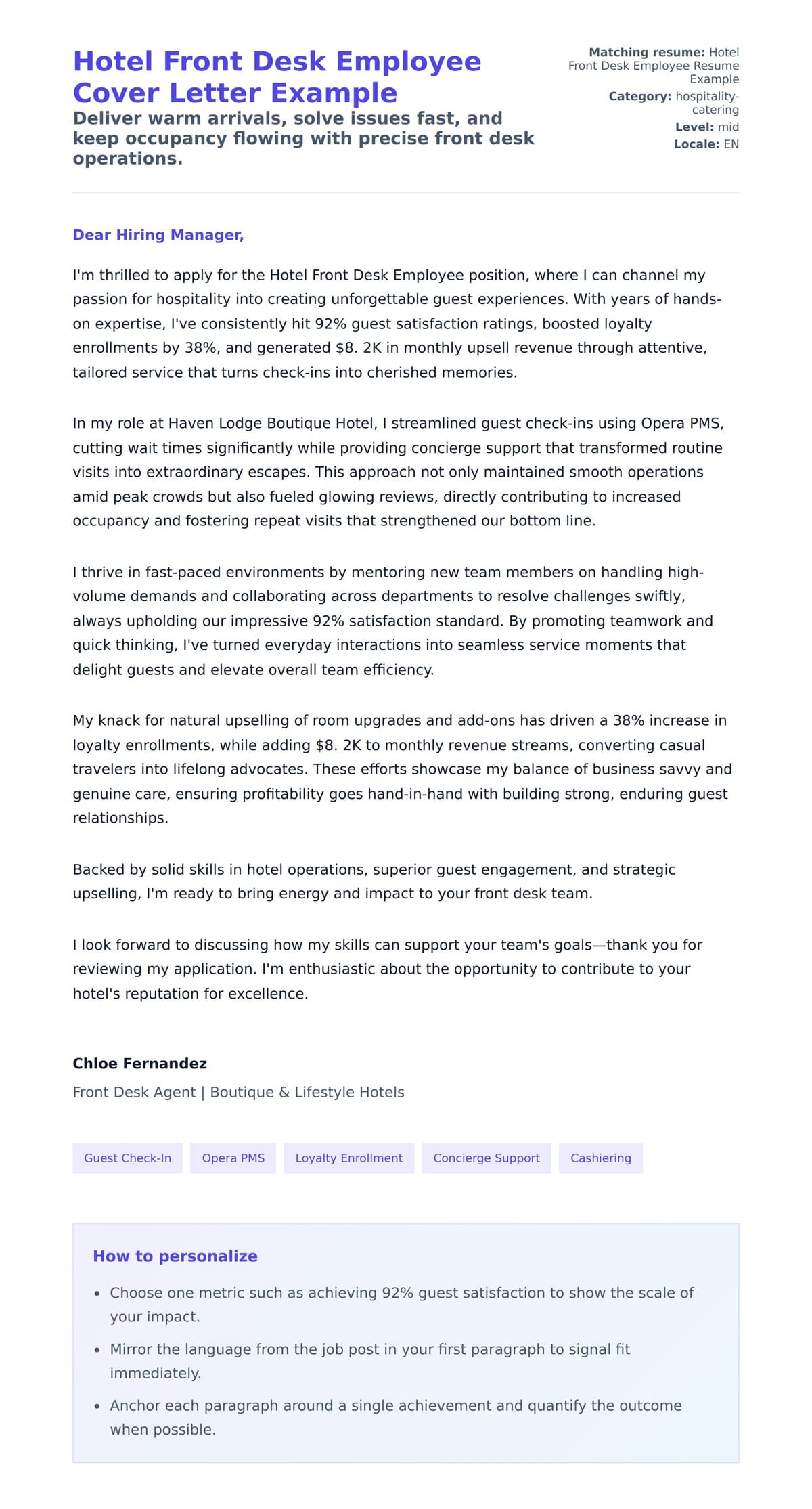 Cover Letter preview for Hotel Front Desk Employee Cover Letter Example