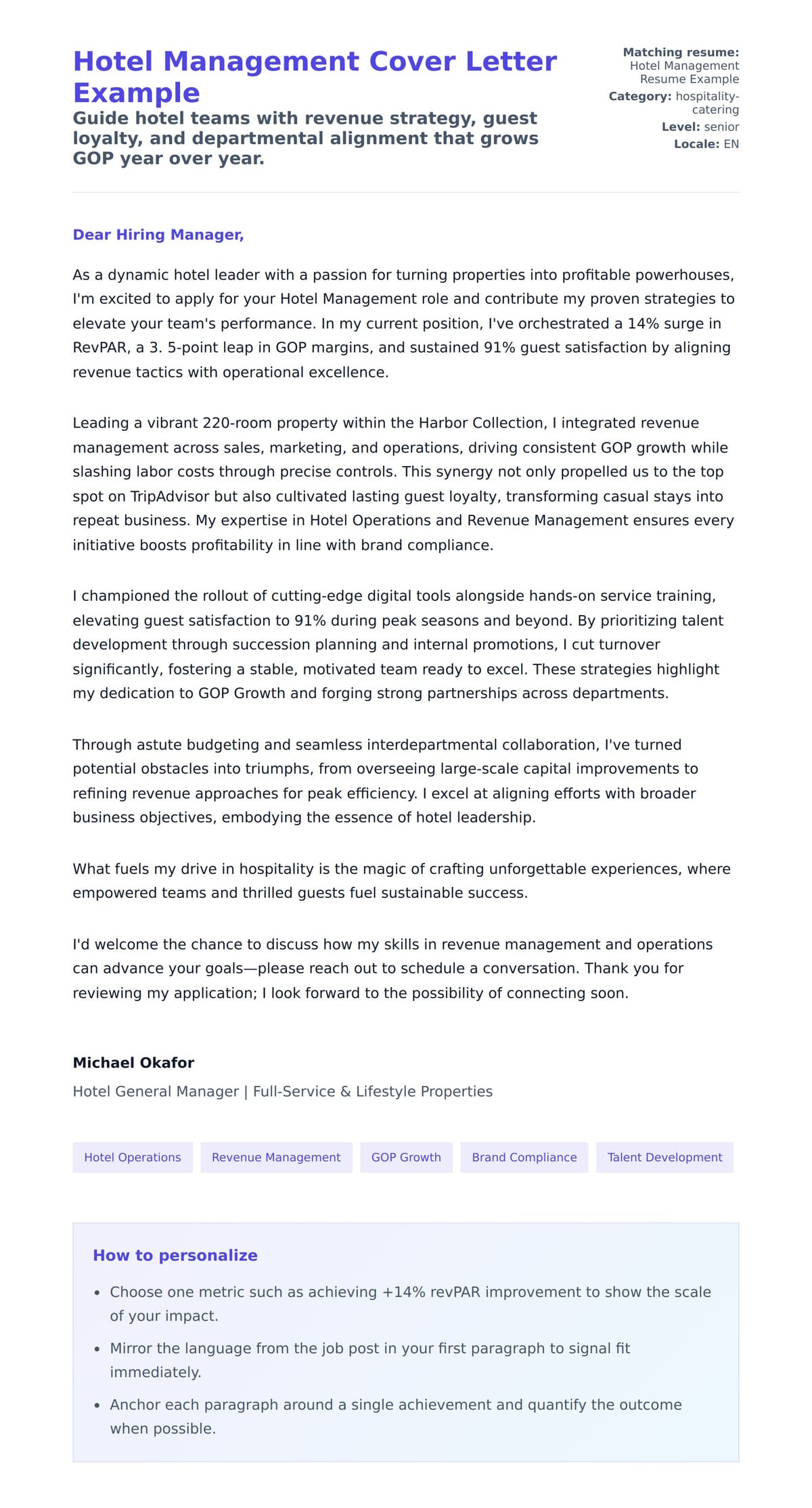 Cover Letter preview for Hotel Management Cover Letter Example