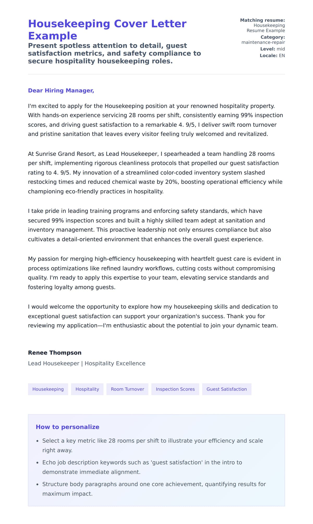 Cover Letter preview for Housekeeping Cover Letter Example