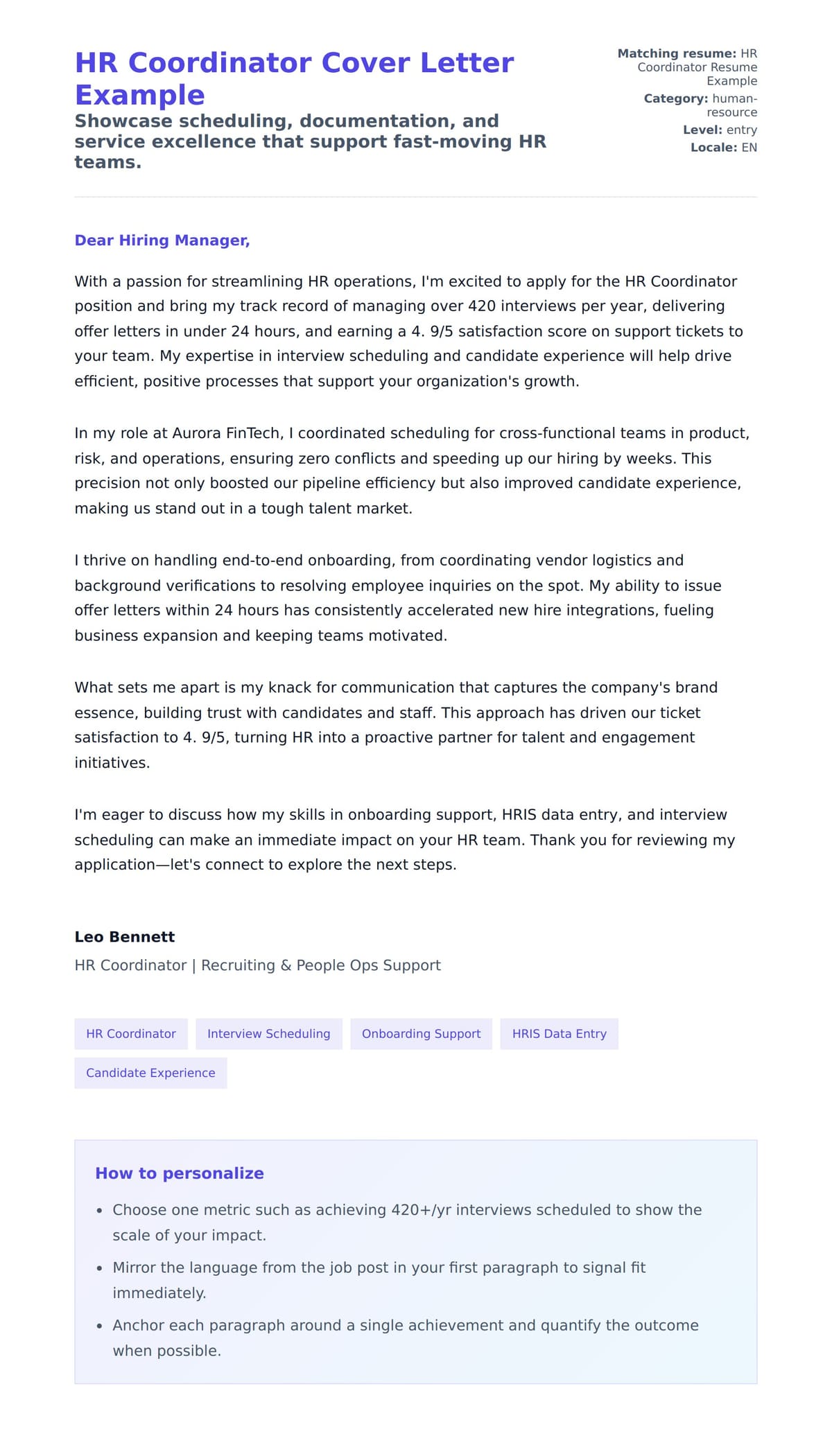 Cover Letter preview for HR Coordinator Cover Letter Example