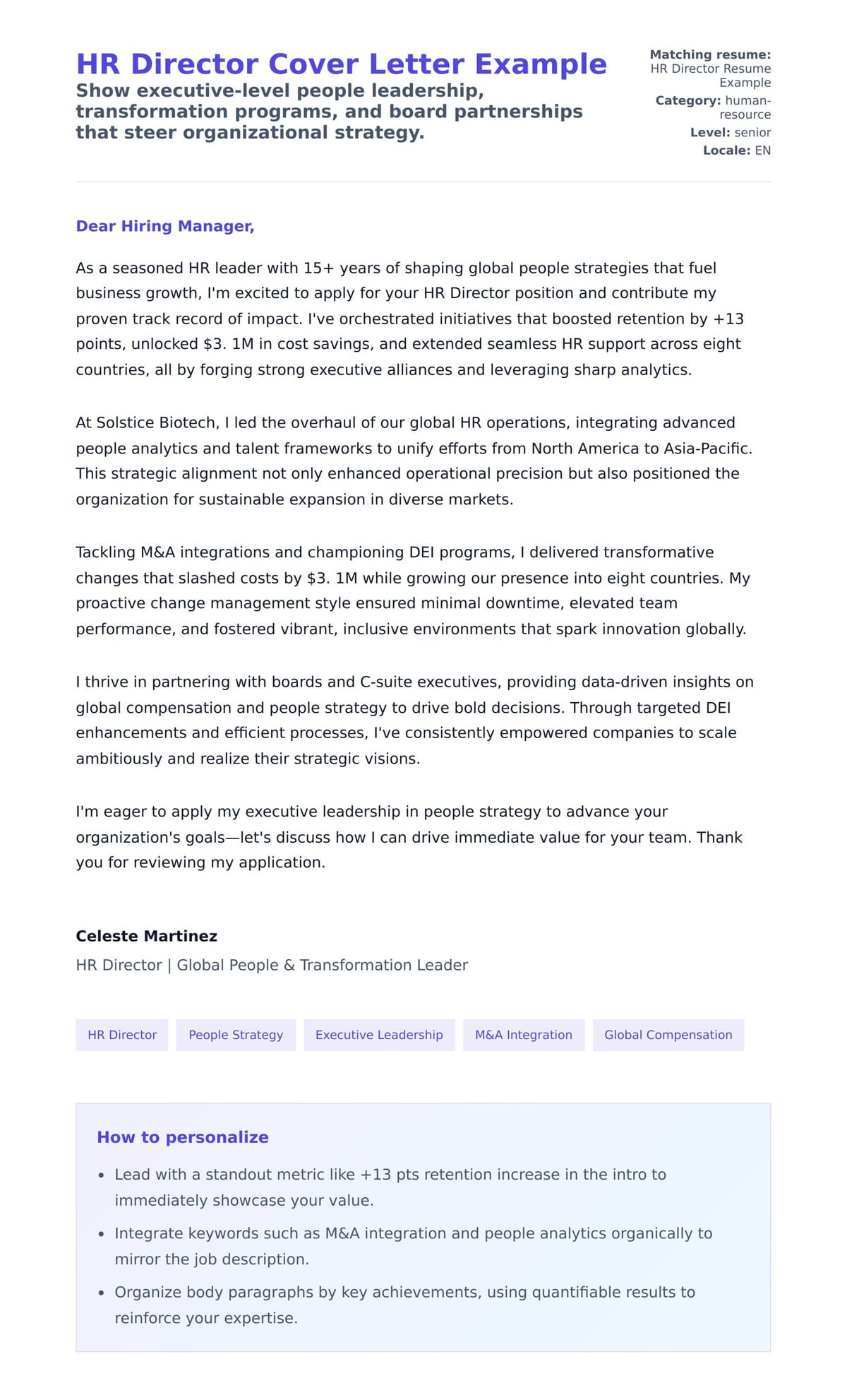 Cover Letter preview for HR Director Cover Letter Example