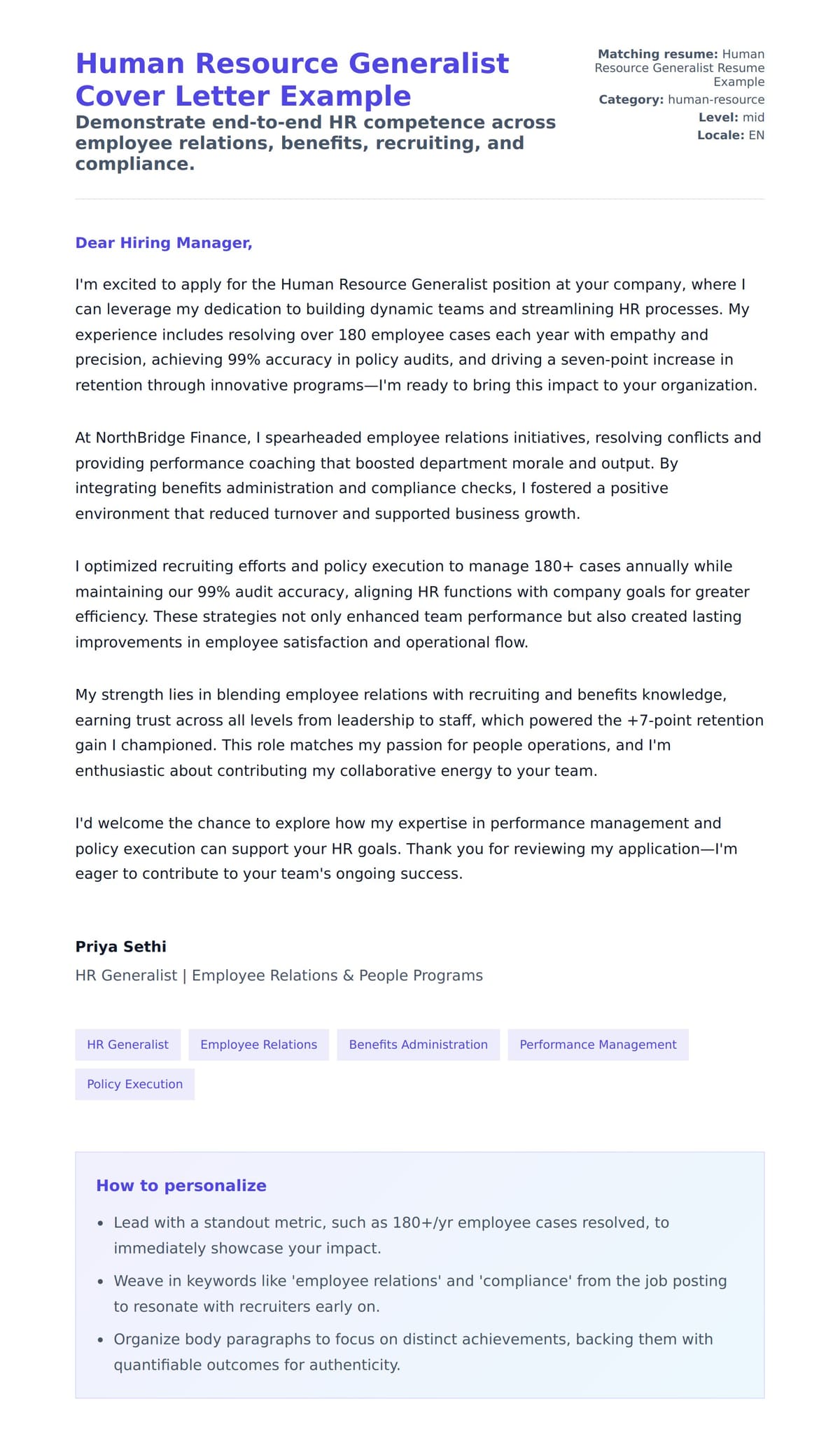 Cover Letter preview for Human Resource Generalist Cover Letter Example