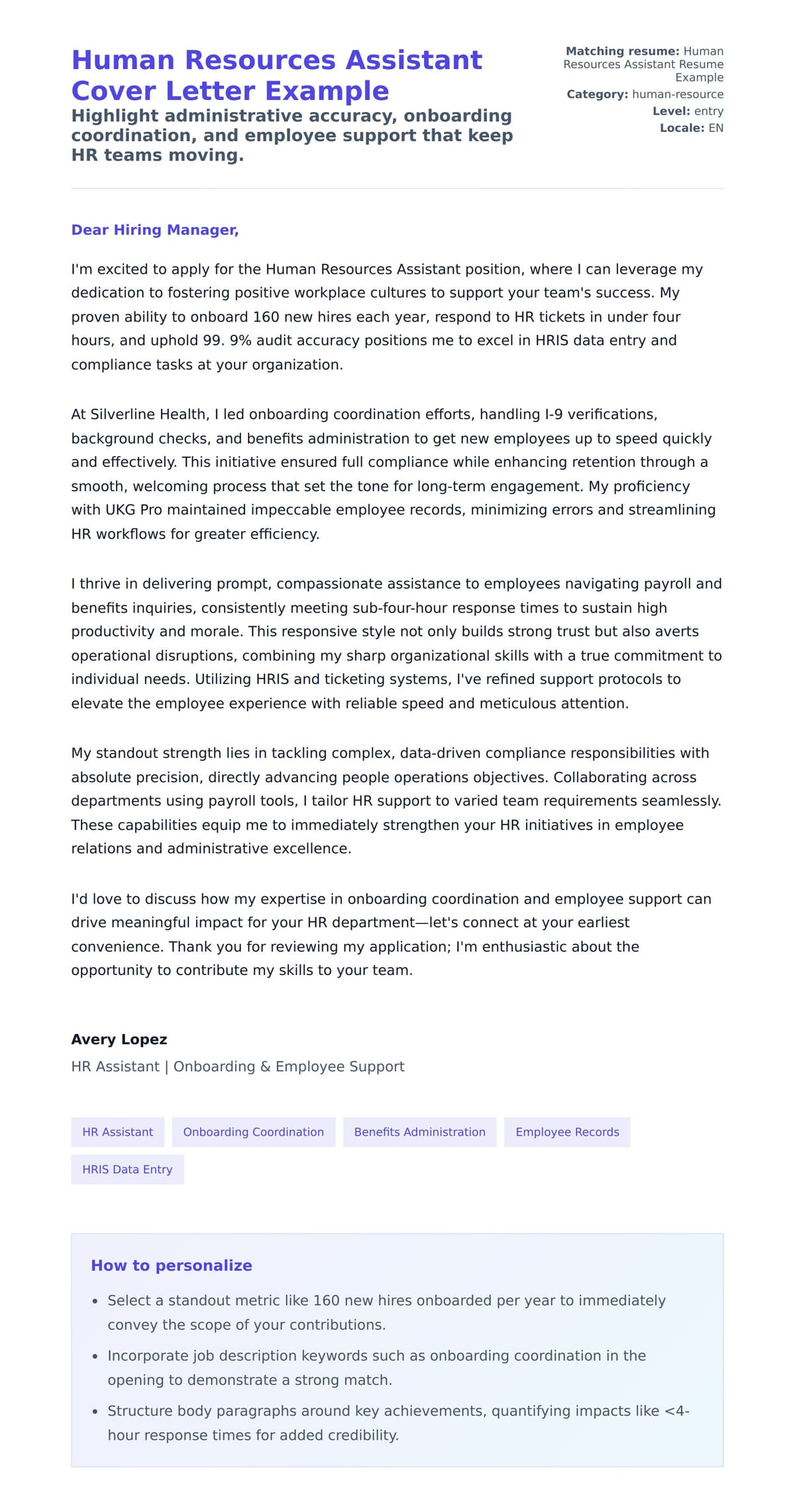 Cover Letter preview for Human Resources Assistant Cover Letter Example