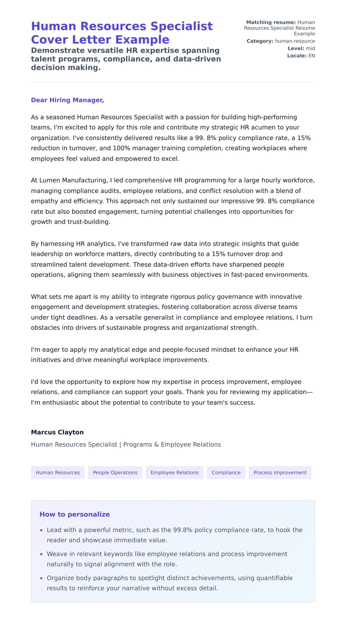 Cover Letter preview for Human Resources Specialist Cover Letter Example
