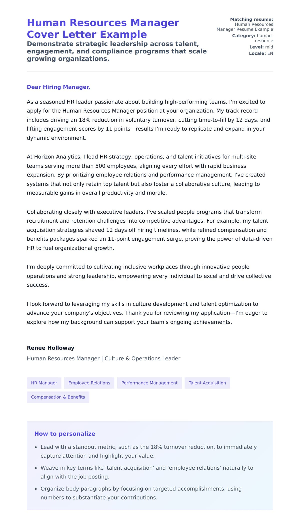 Cover Letter preview for Human Resources Manager Cover Letter Example