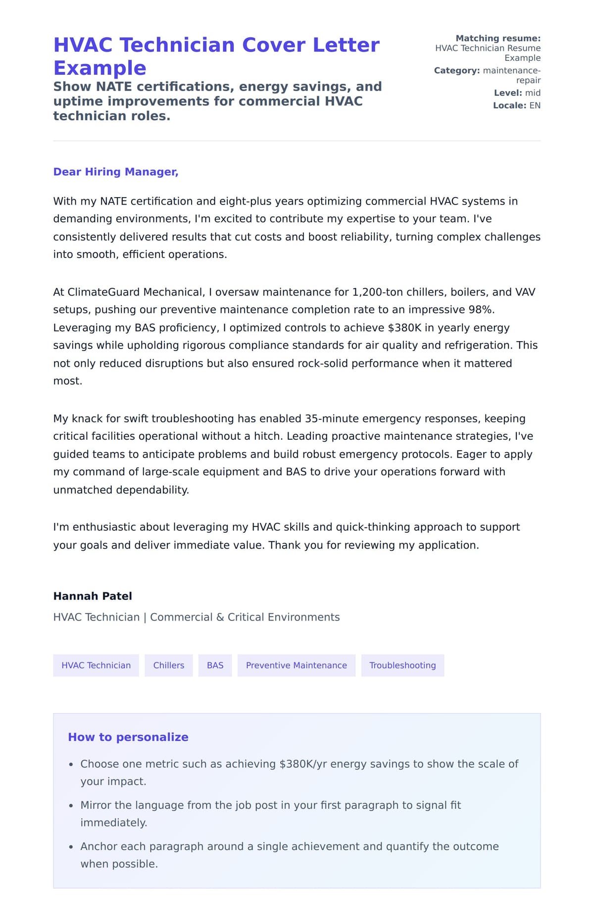 Cover Letter preview for HVAC Technician Cover Letter Example