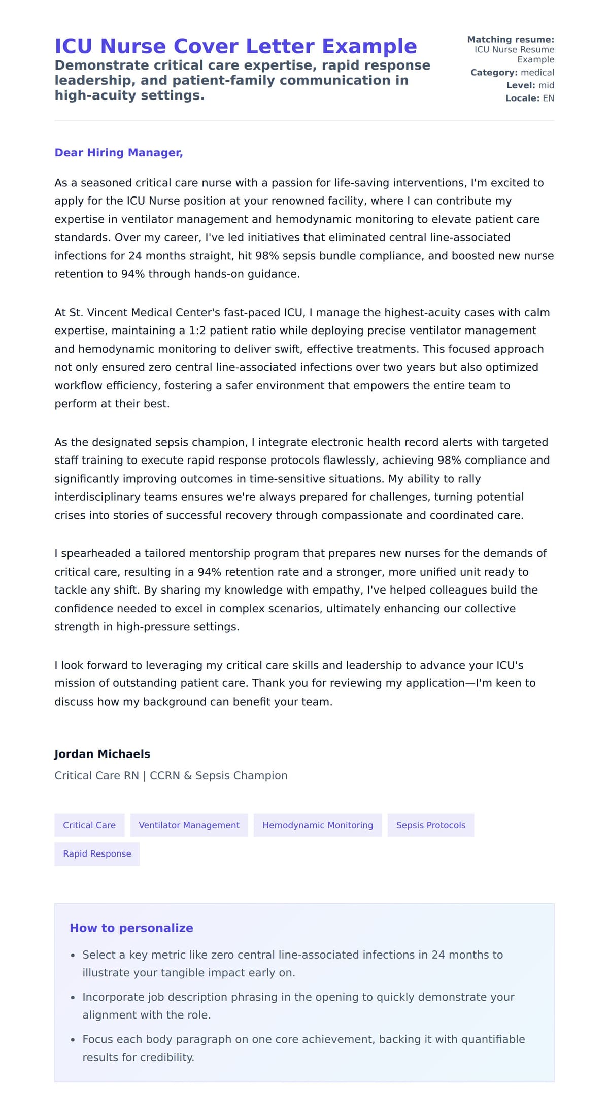 Cover Letter preview for ICU Nurse Cover Letter Example