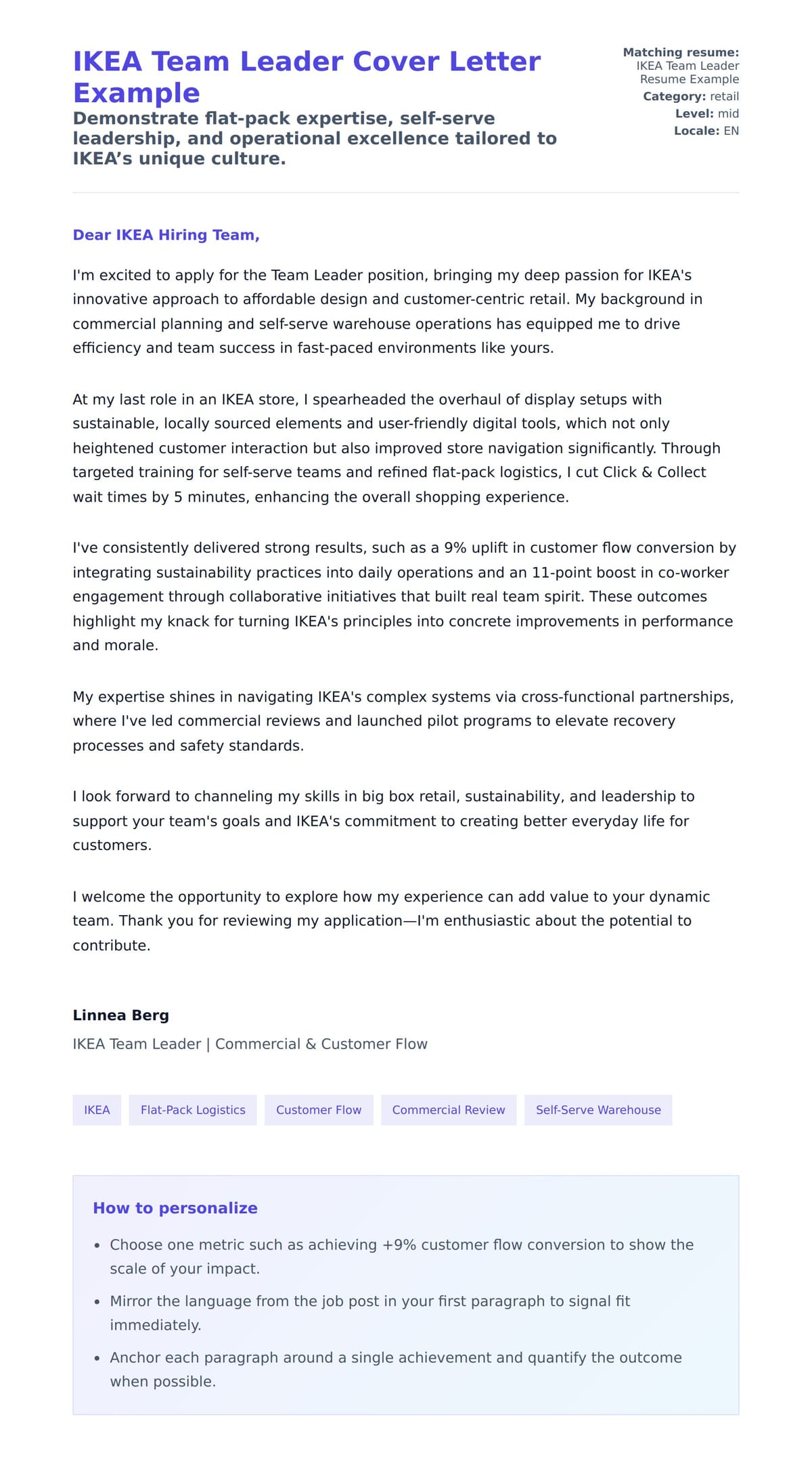 Cover Letter preview for IKEA Team Leader Cover Letter Example