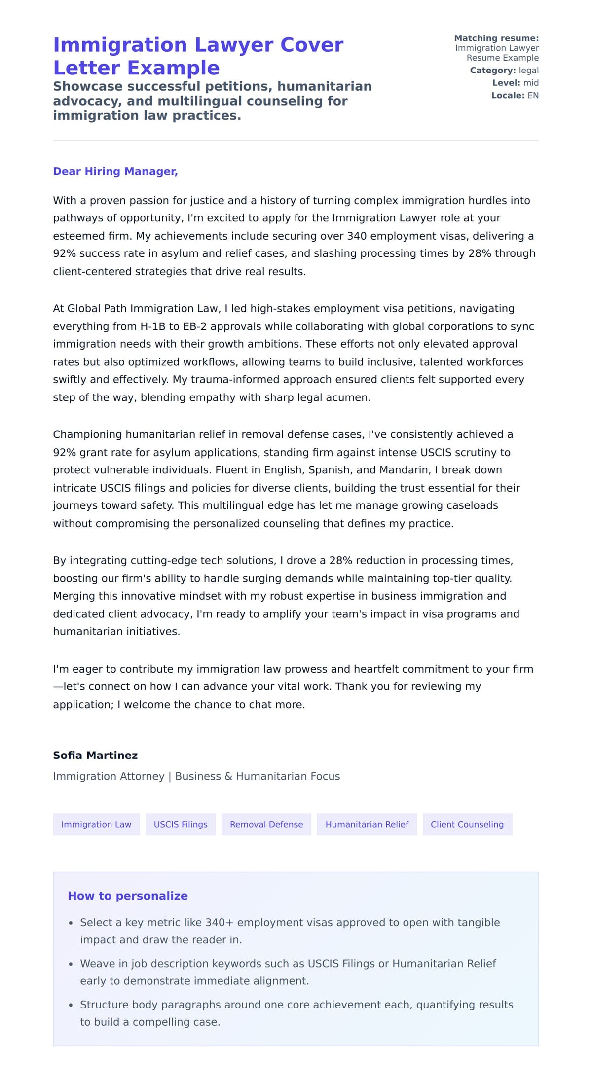 Cover Letter preview for Immigration Lawyer Cover Letter Example