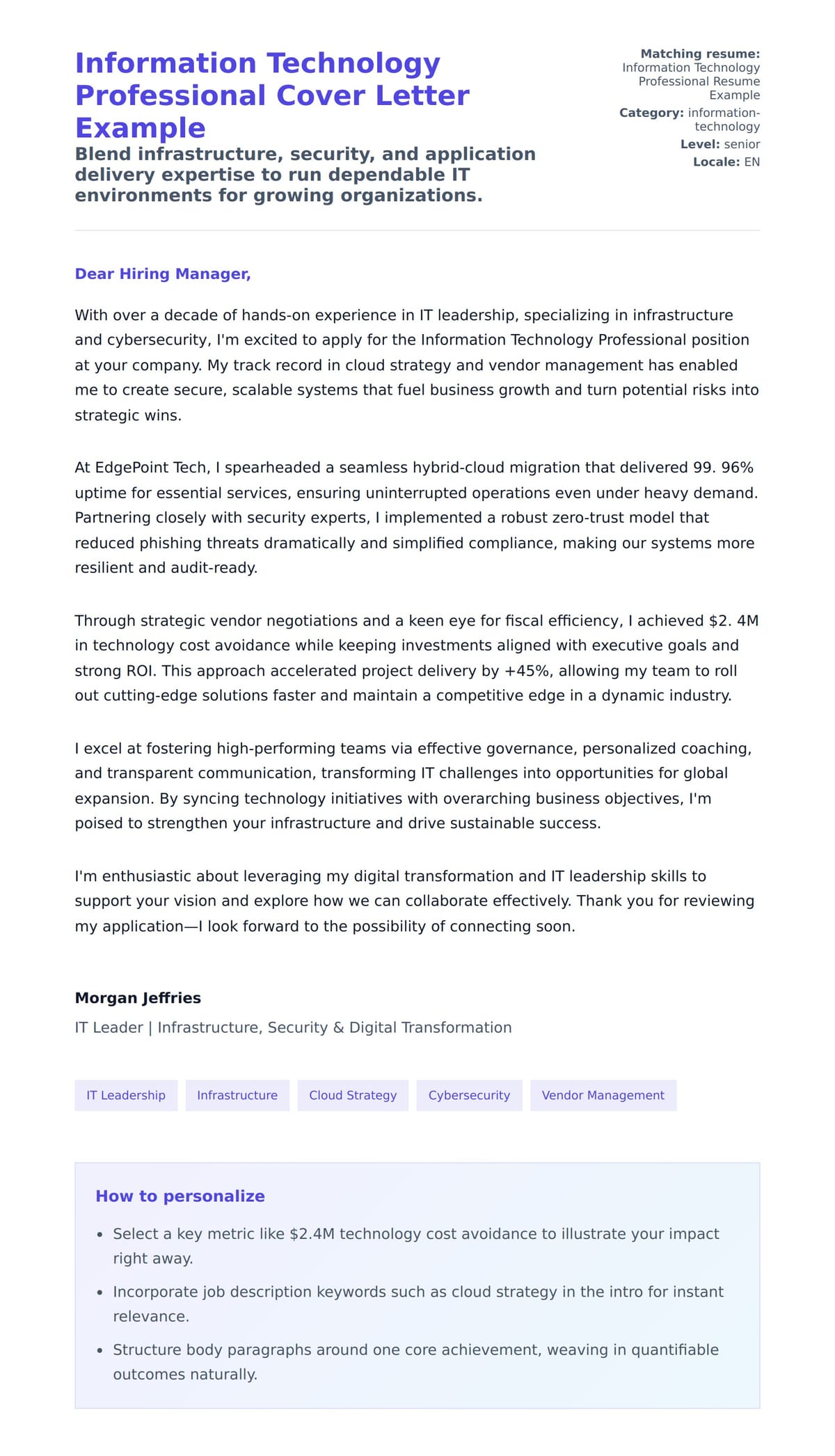 Cover Letter preview for Information Technology Professional Cover Letter Example