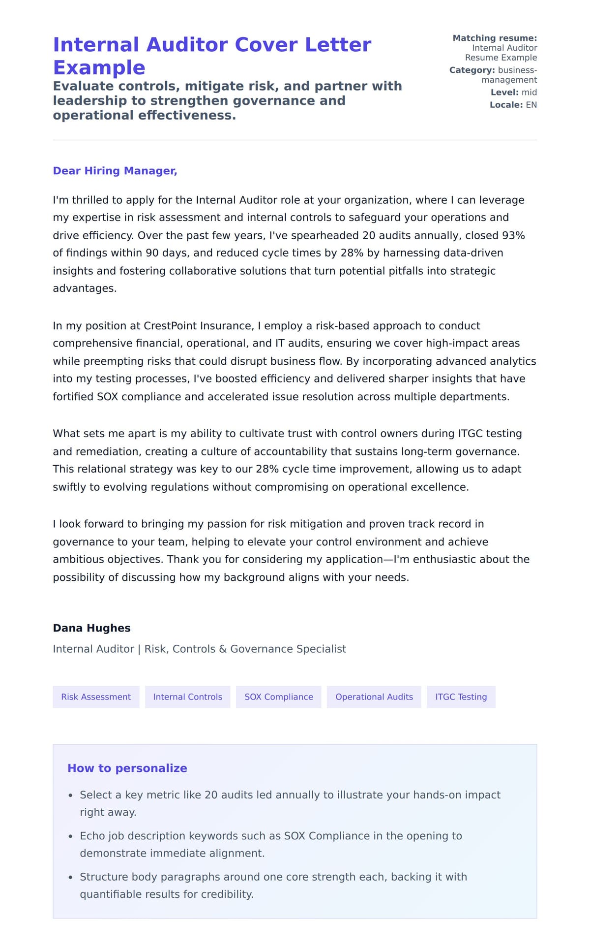 Cover Letter preview for Internal Auditor Cover Letter Example