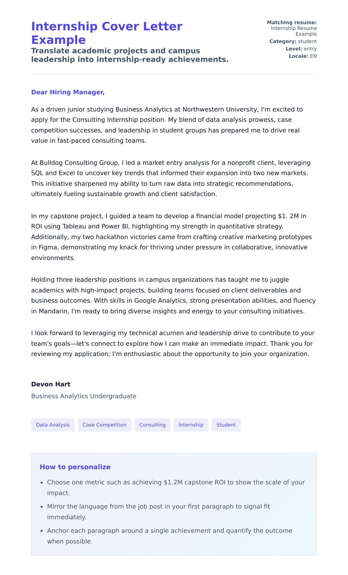 Cover Letter preview for Internship Cover Letter Example
