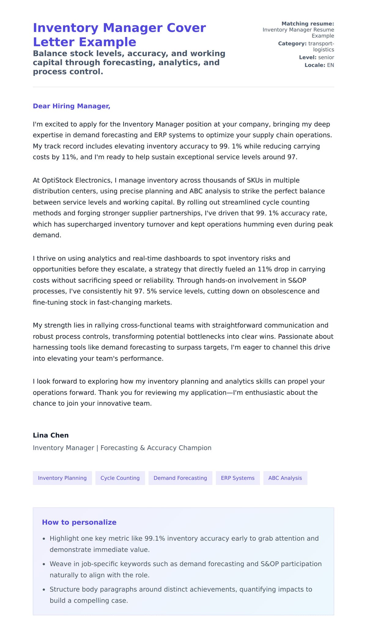 Cover Letter preview for Inventory Manager Cover Letter Example