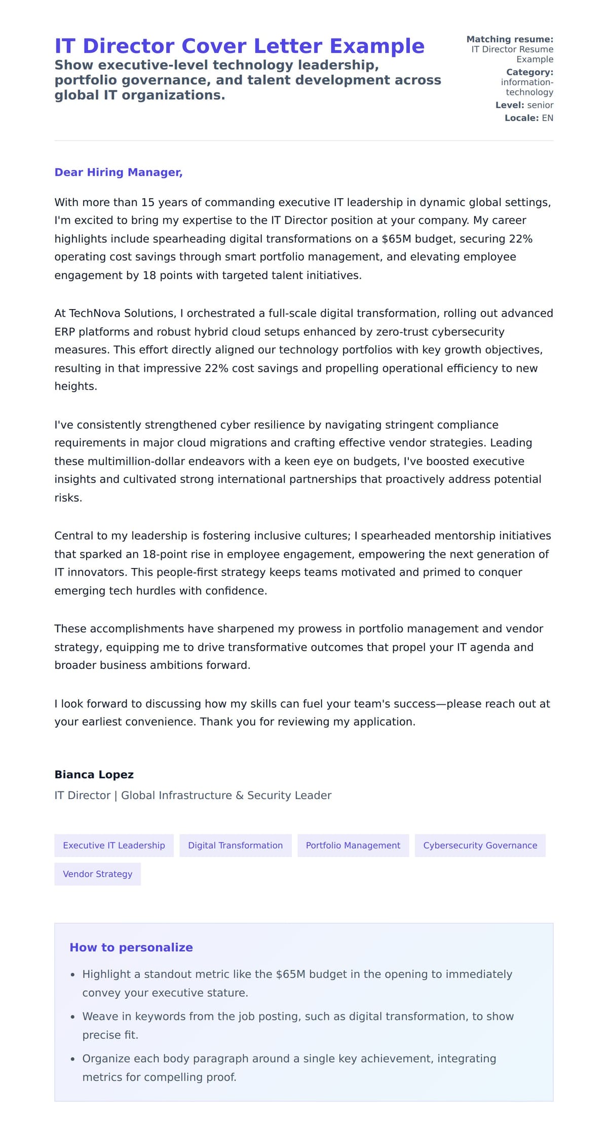 Cover Letter preview for IT Director Cover Letter Example