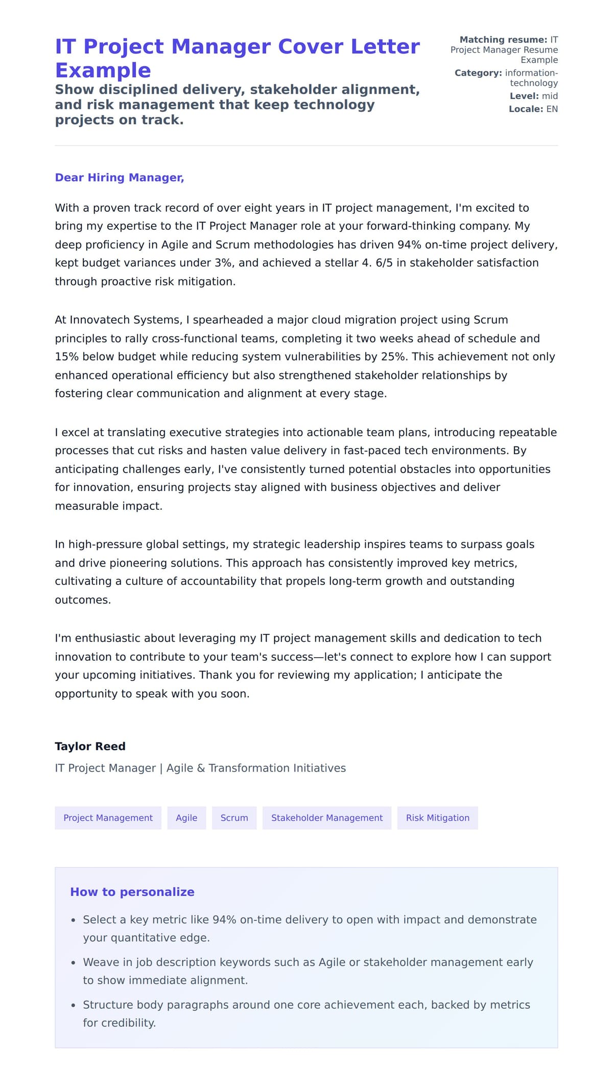 Cover Letter preview for IT Project Manager Cover Letter Example