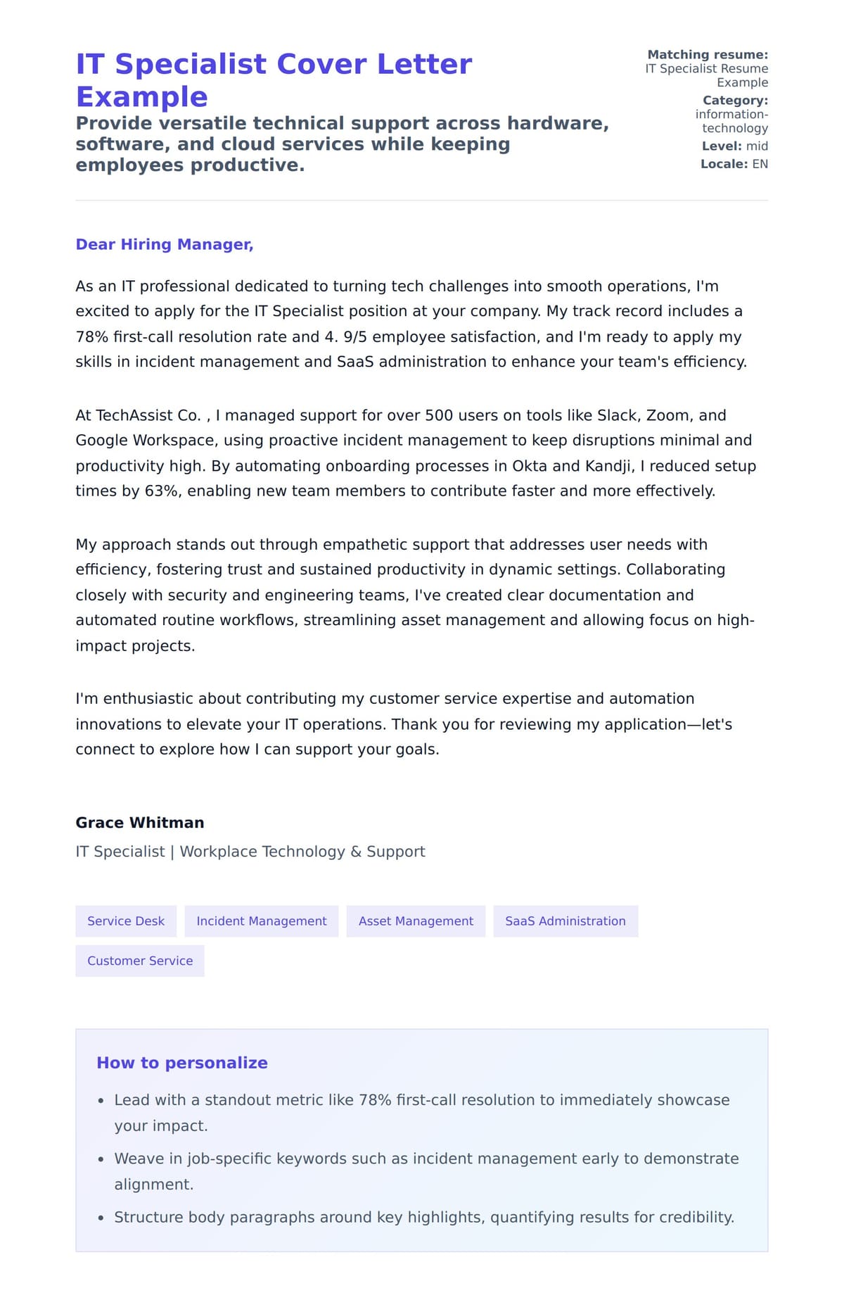 Cover Letter preview for IT Specialist Cover Letter Example