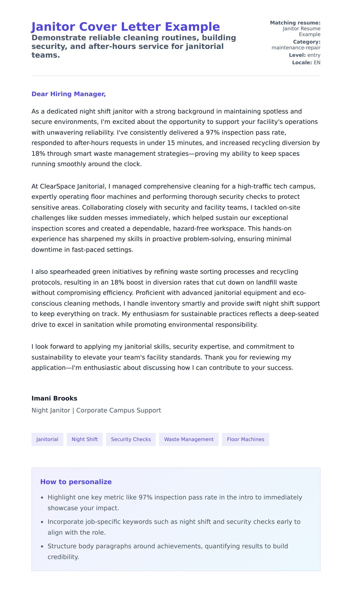 Cover Letter preview for Janitor Cover Letter Example