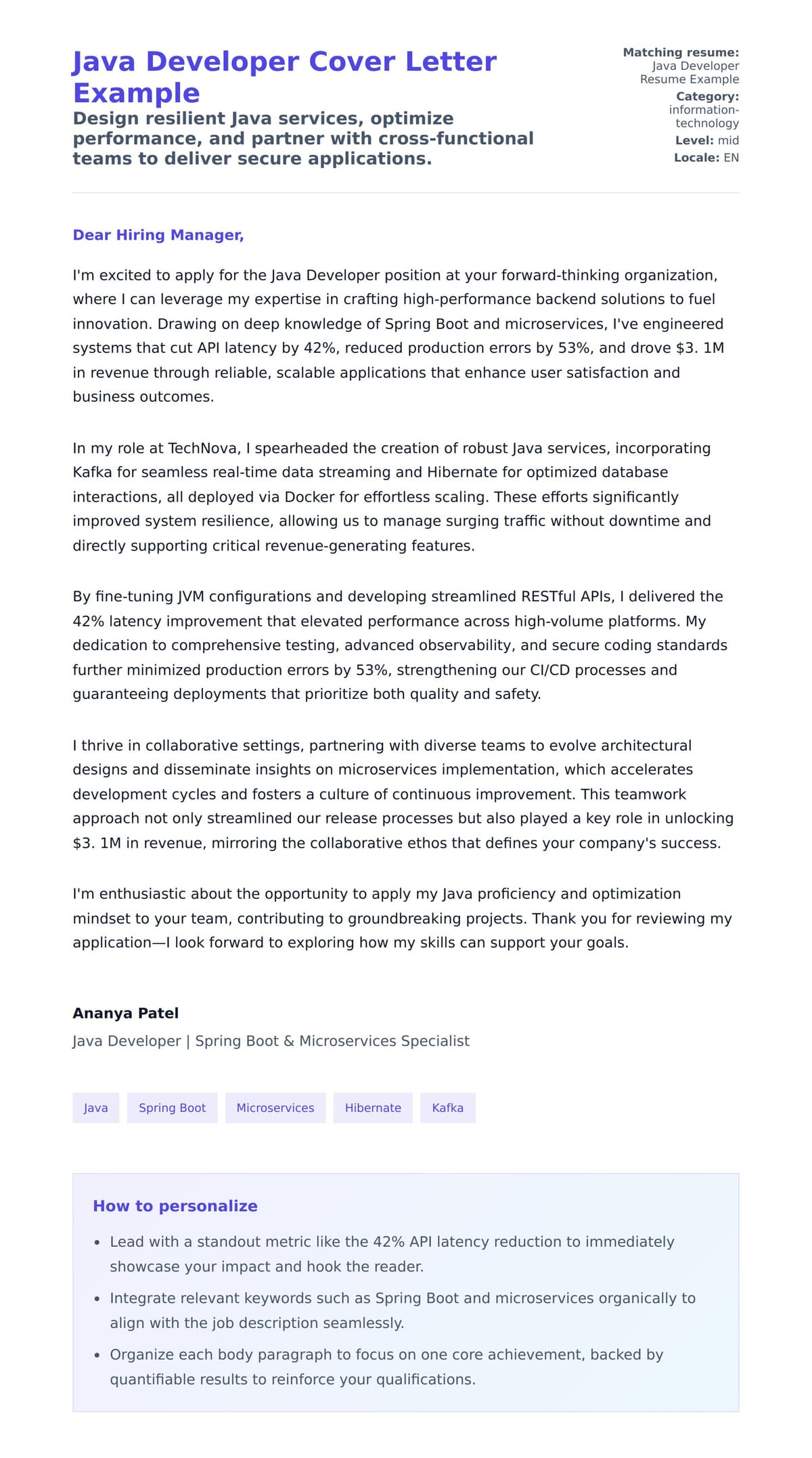 Cover Letter preview for Java Developer Cover Letter Example