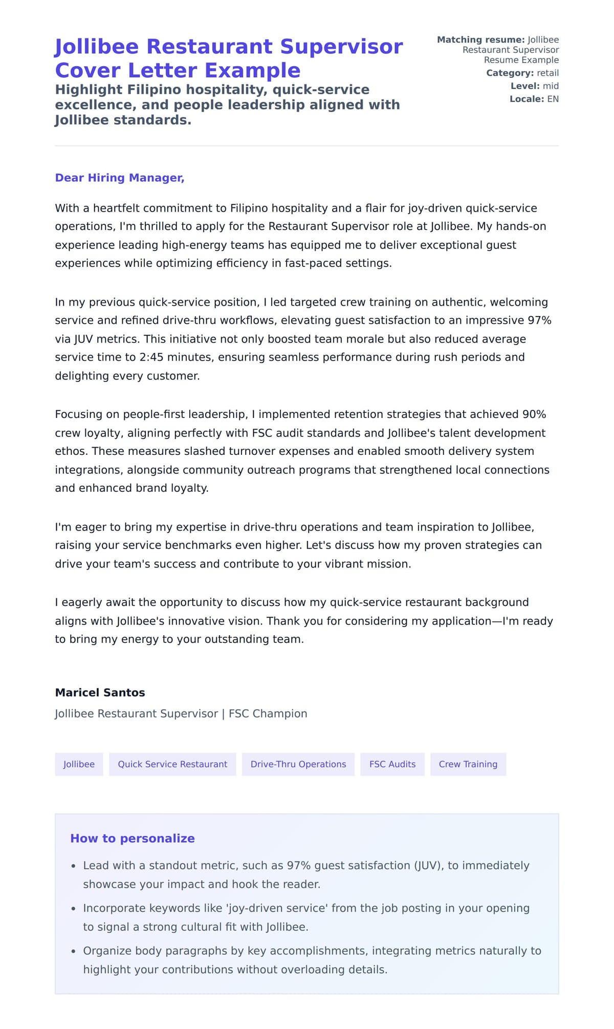 Cover Letter preview for Jollibee Restaurant Supervisor Cover Letter Example