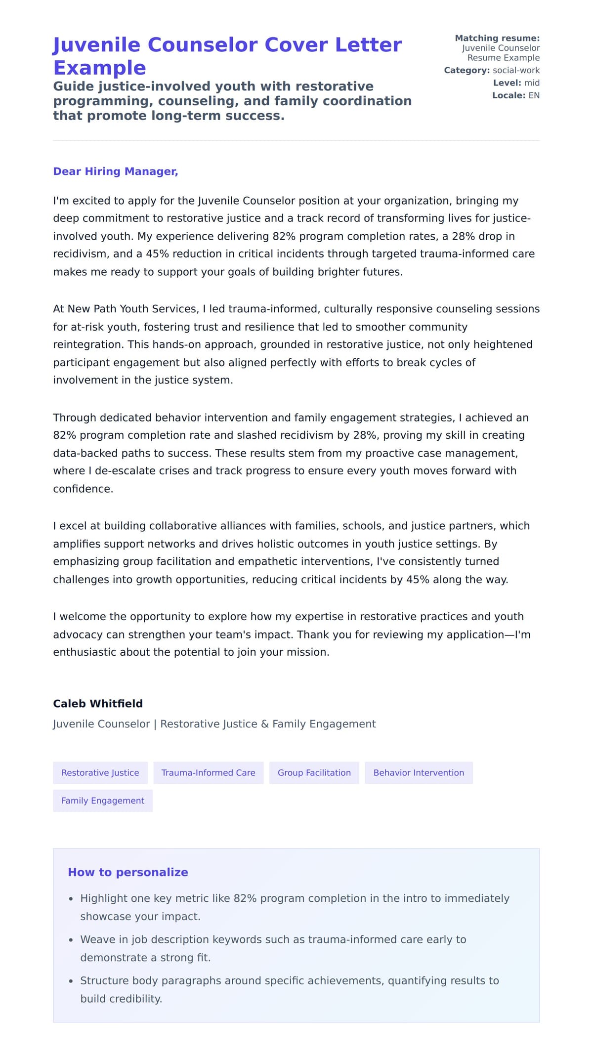 Cover Letter preview for Juvenile Counselor Cover Letter Example