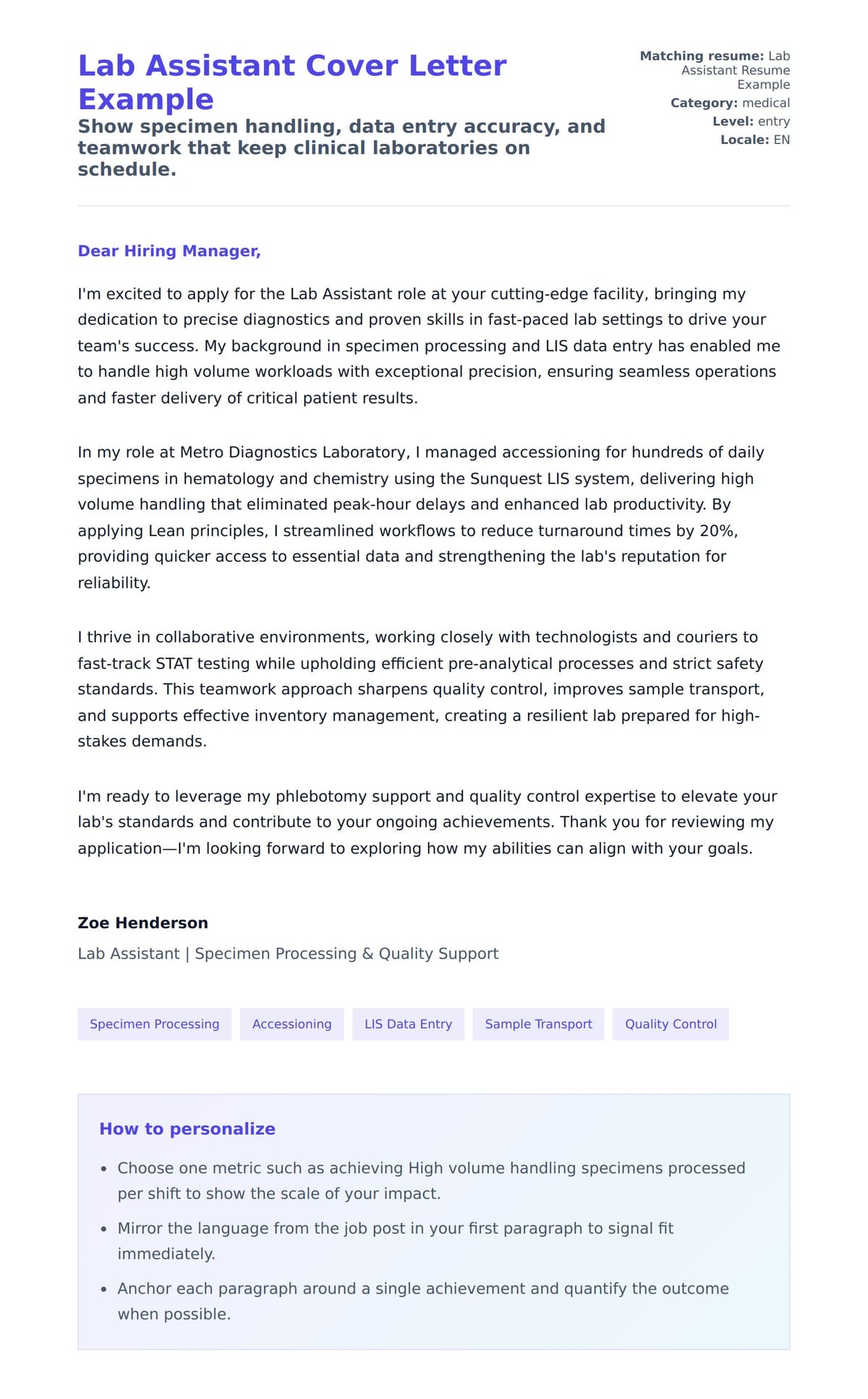 Cover Letter preview for Lab Assistant Cover Letter Example