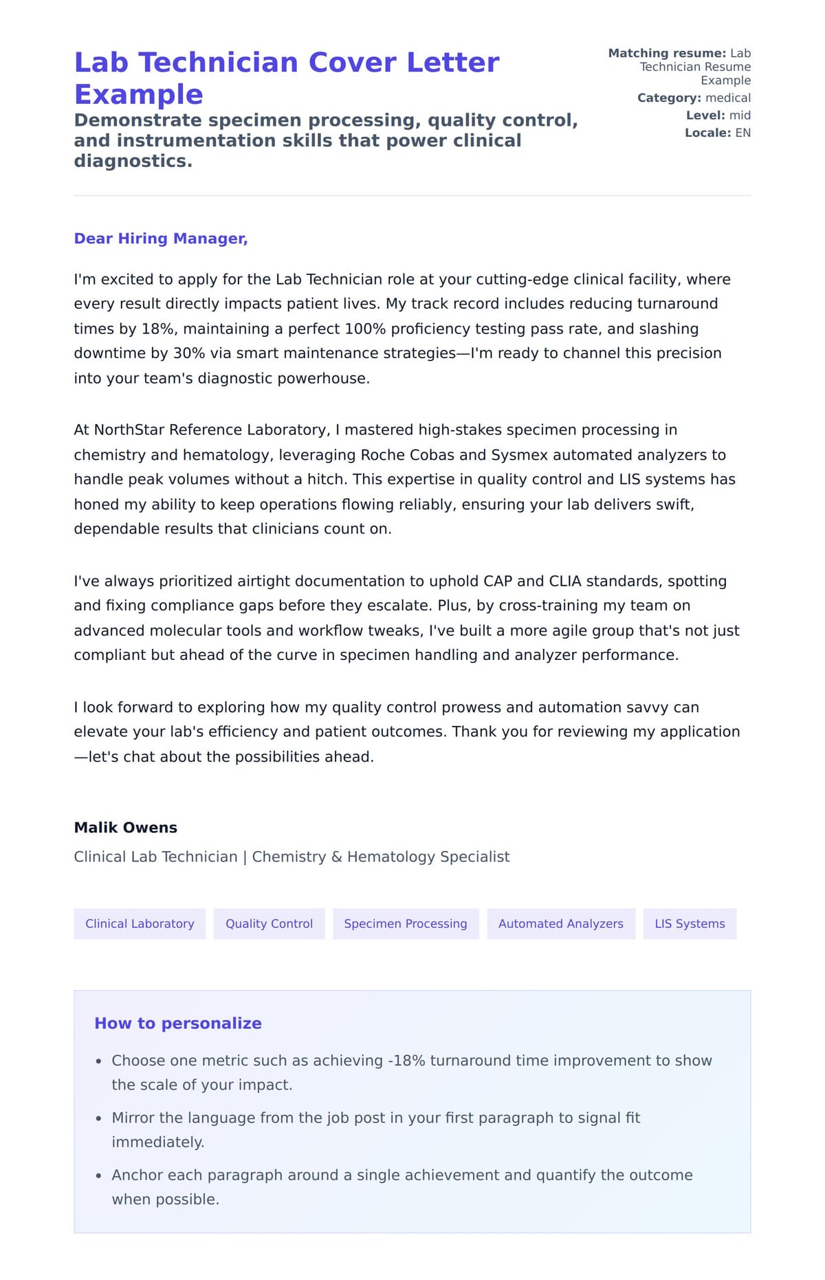 Cover Letter preview for Lab Technician Cover Letter Example