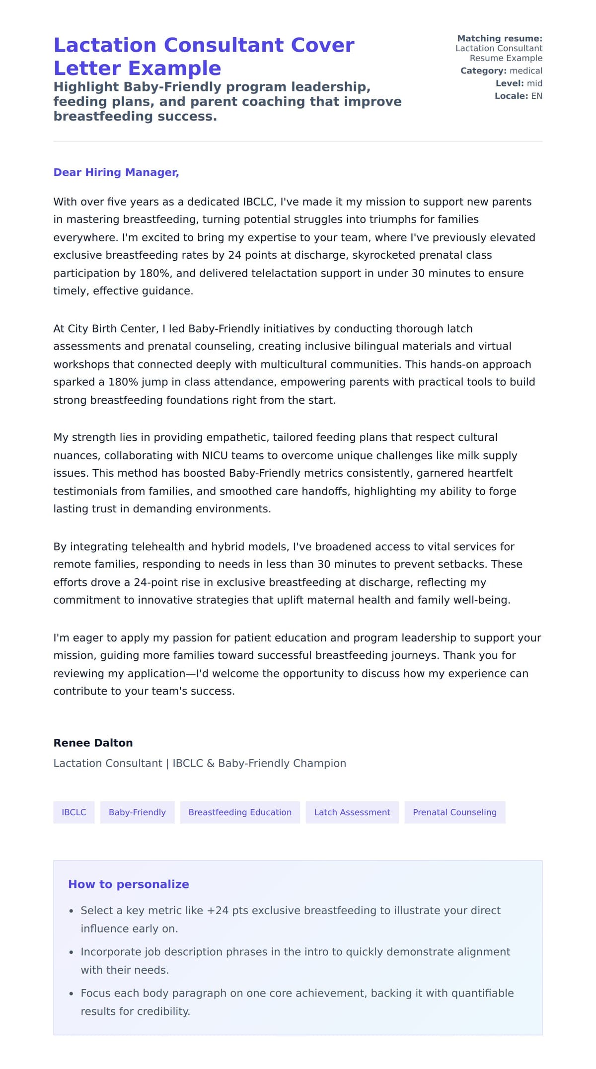 Cover Letter preview for Lactation Consultant Cover Letter Example