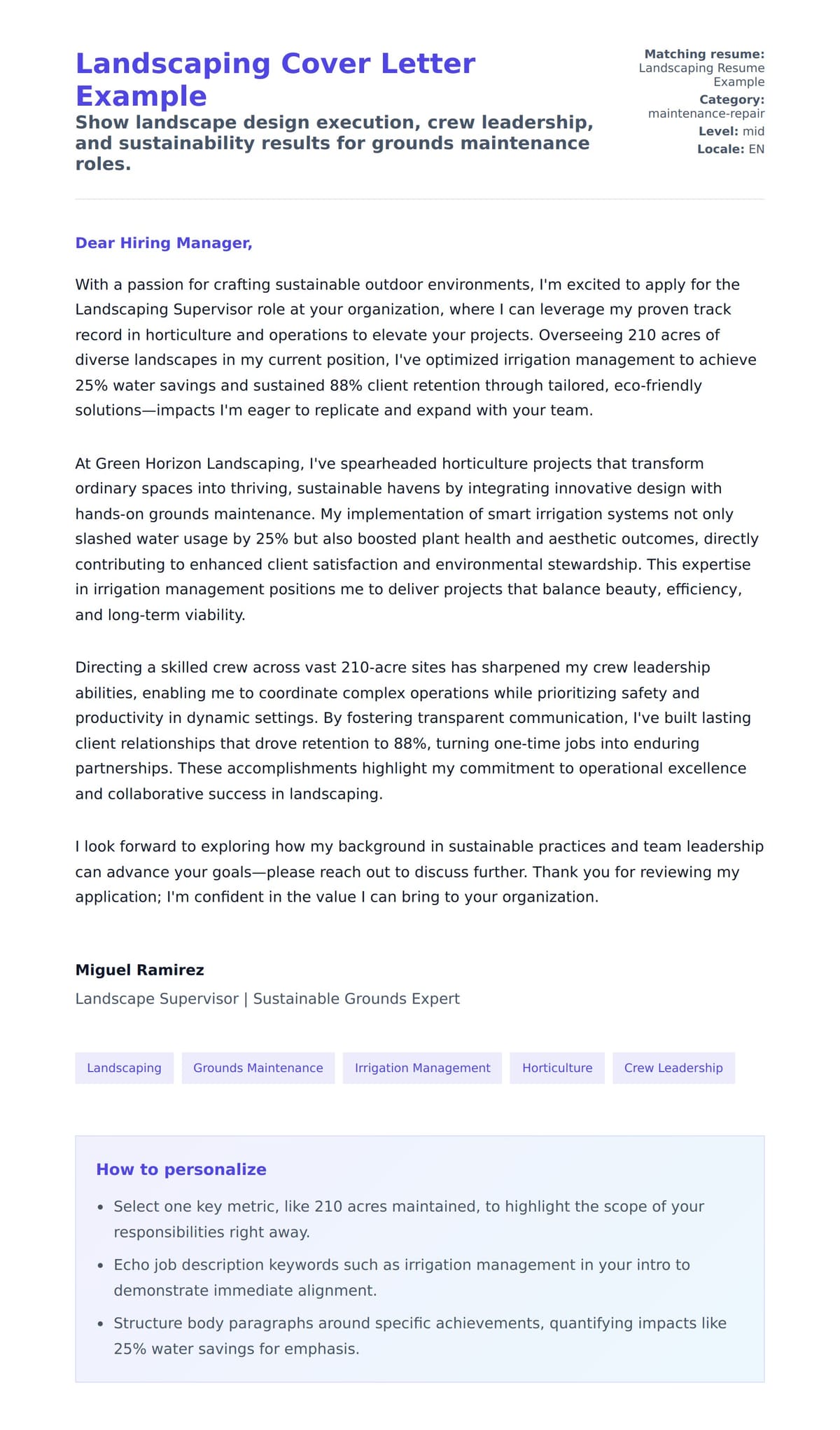 Cover Letter preview for Landscaping Cover Letter Example