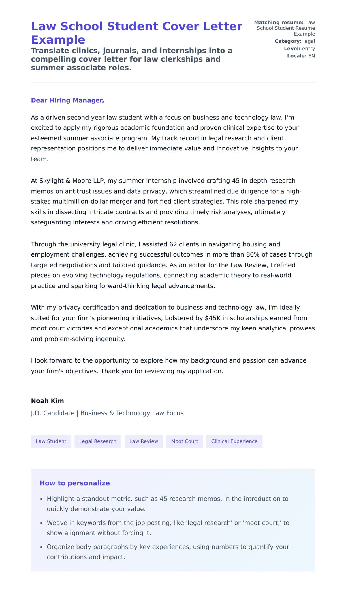 Cover Letter preview for Law School Student Cover Letter Example