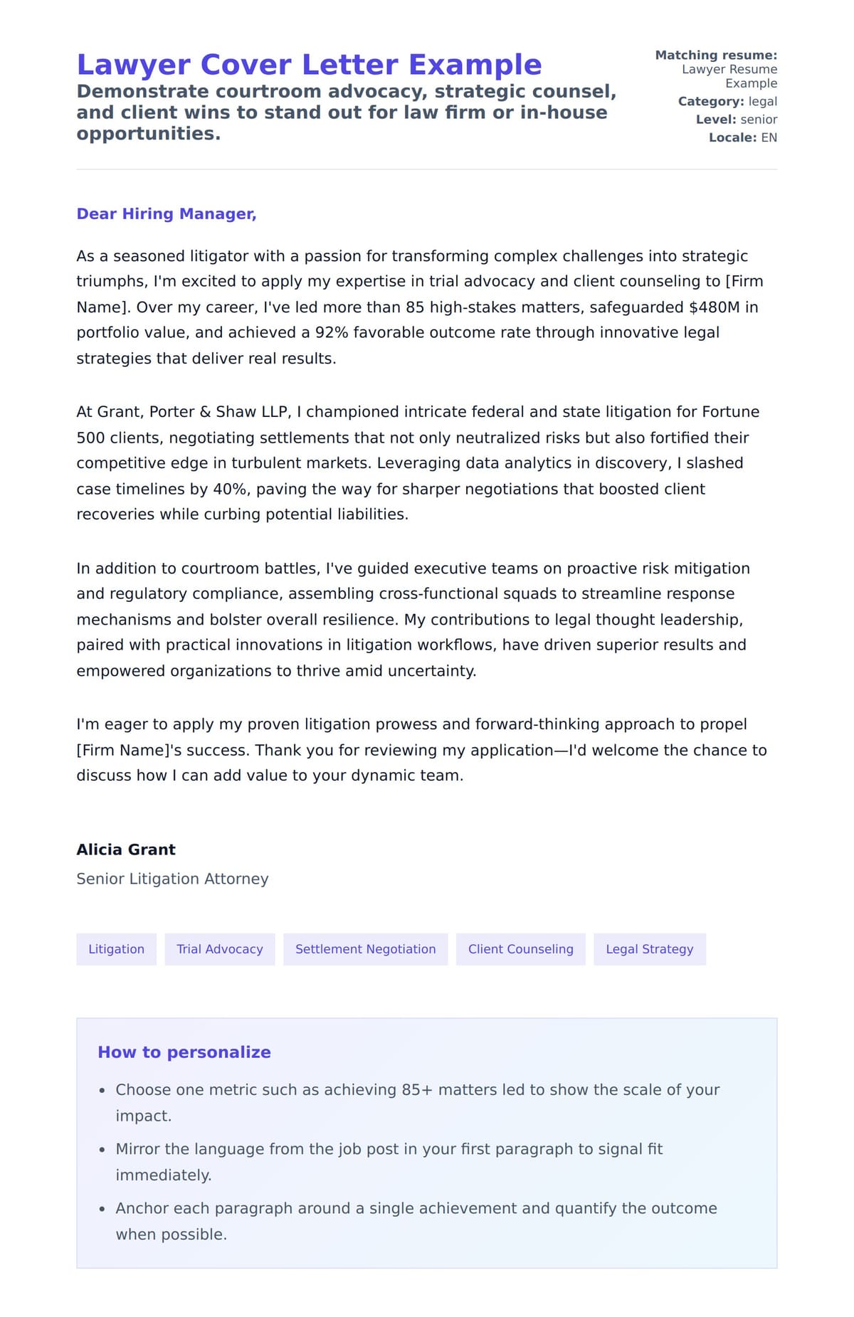 Cover Letter preview for Lawyer Cover Letter Example