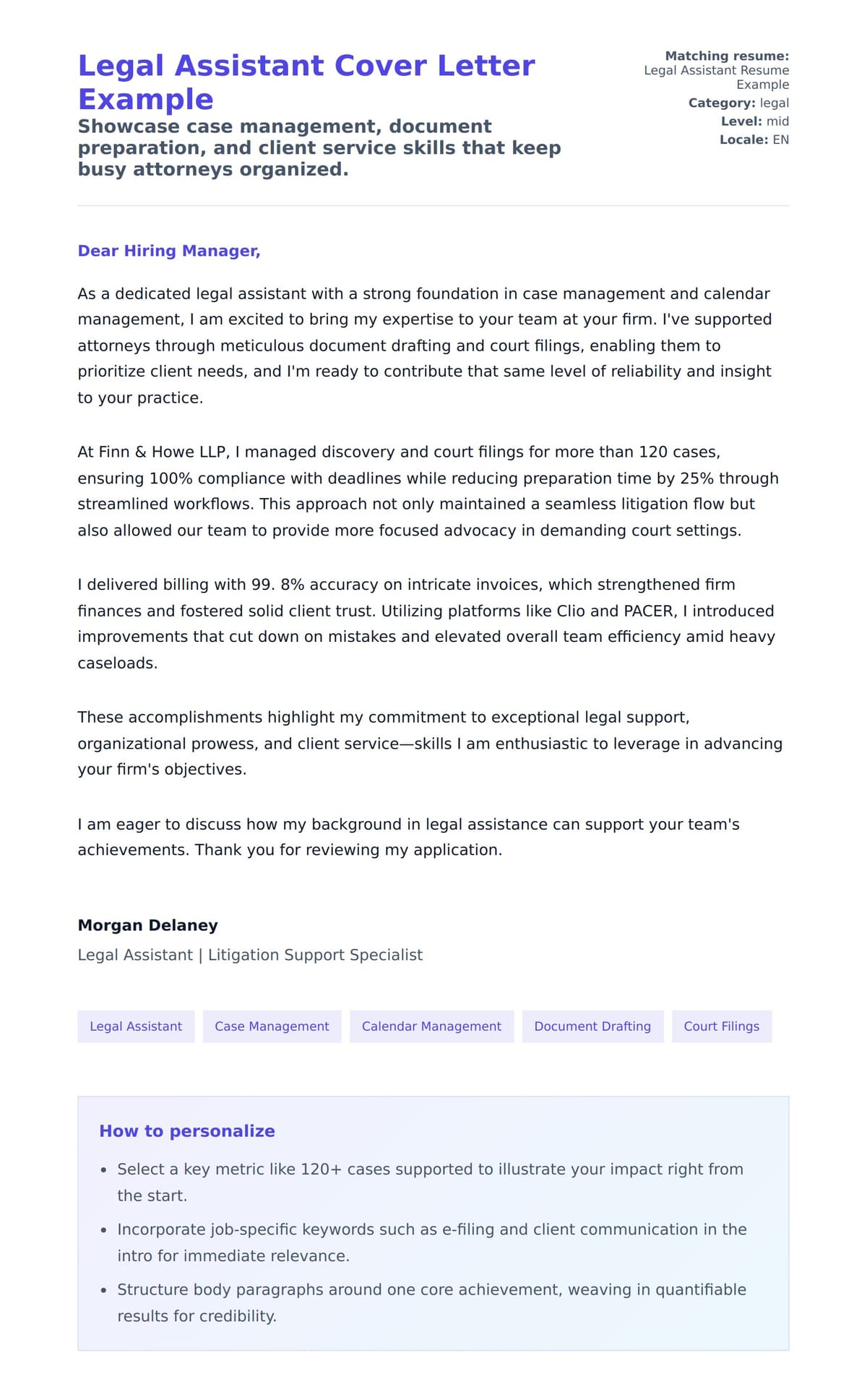 Cover Letter preview for Legal Assistant Cover Letter Example