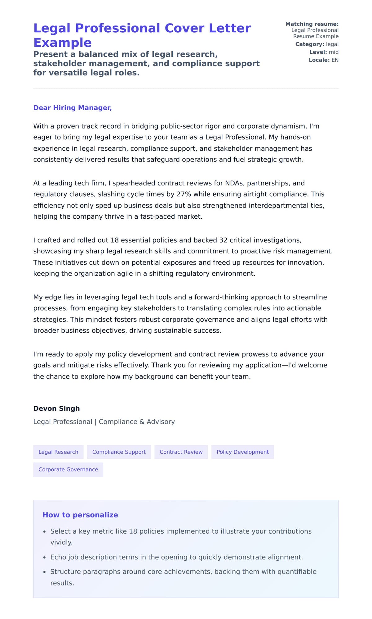 Cover Letter preview for Legal Professional Cover Letter Example